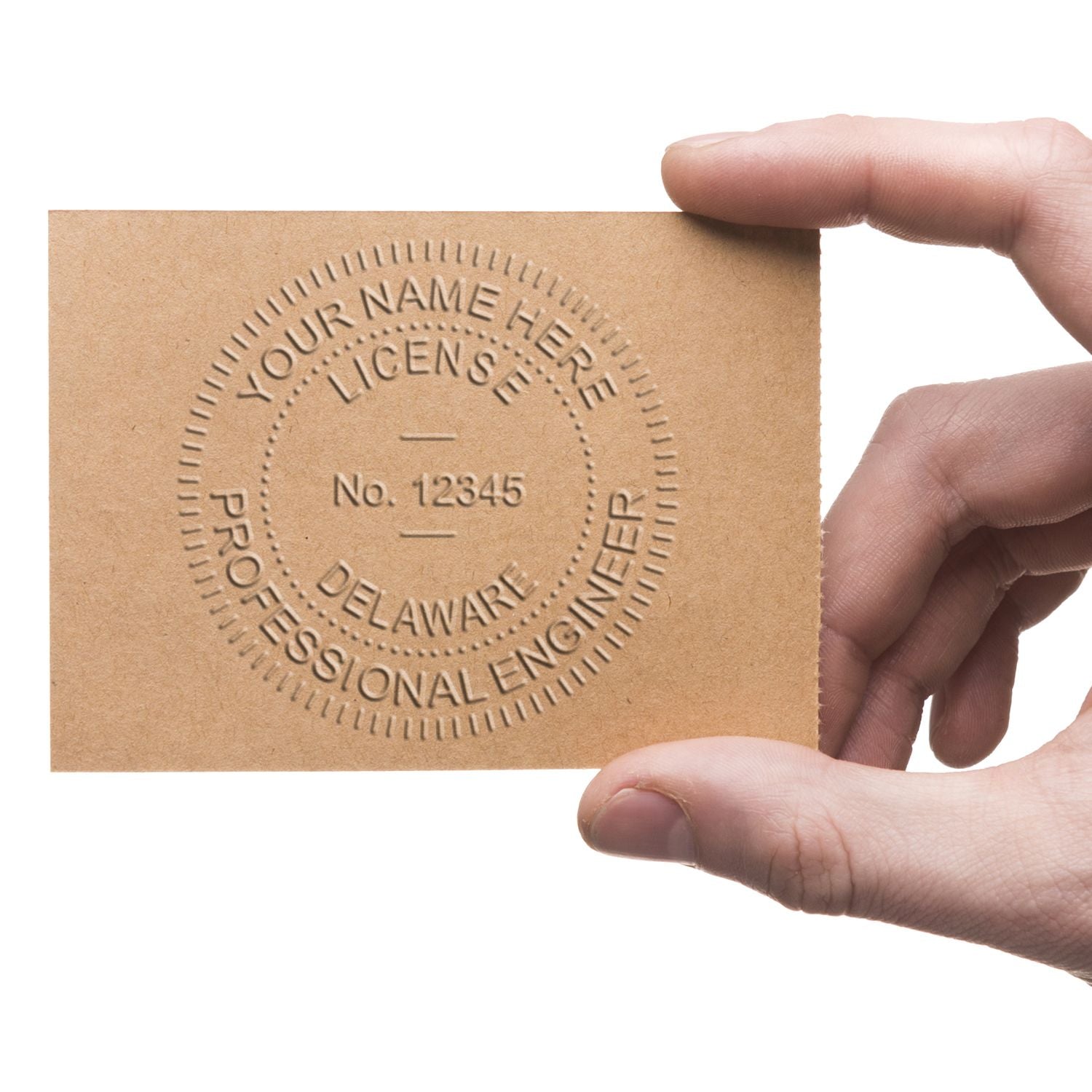 A hand holding a card embossed with a seal that reads Your Name Here, License No. 12345, Delaware, Professional Engineer using the Professional Engineer Desk Seal Embosser.