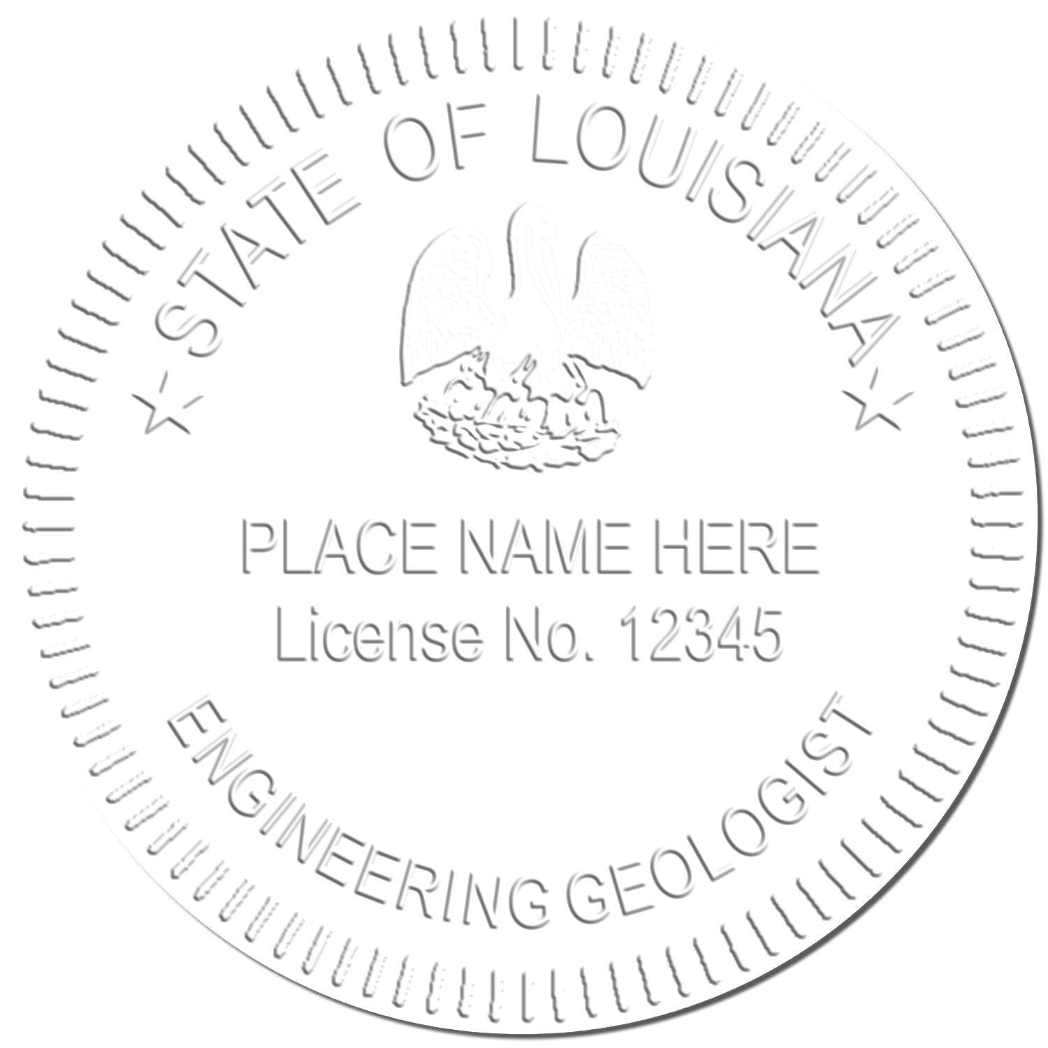 Embossed seal with State of Louisiana and Engineering Geologist text, created using the Engineering Geologist Handheld Soft Seal Embosser.