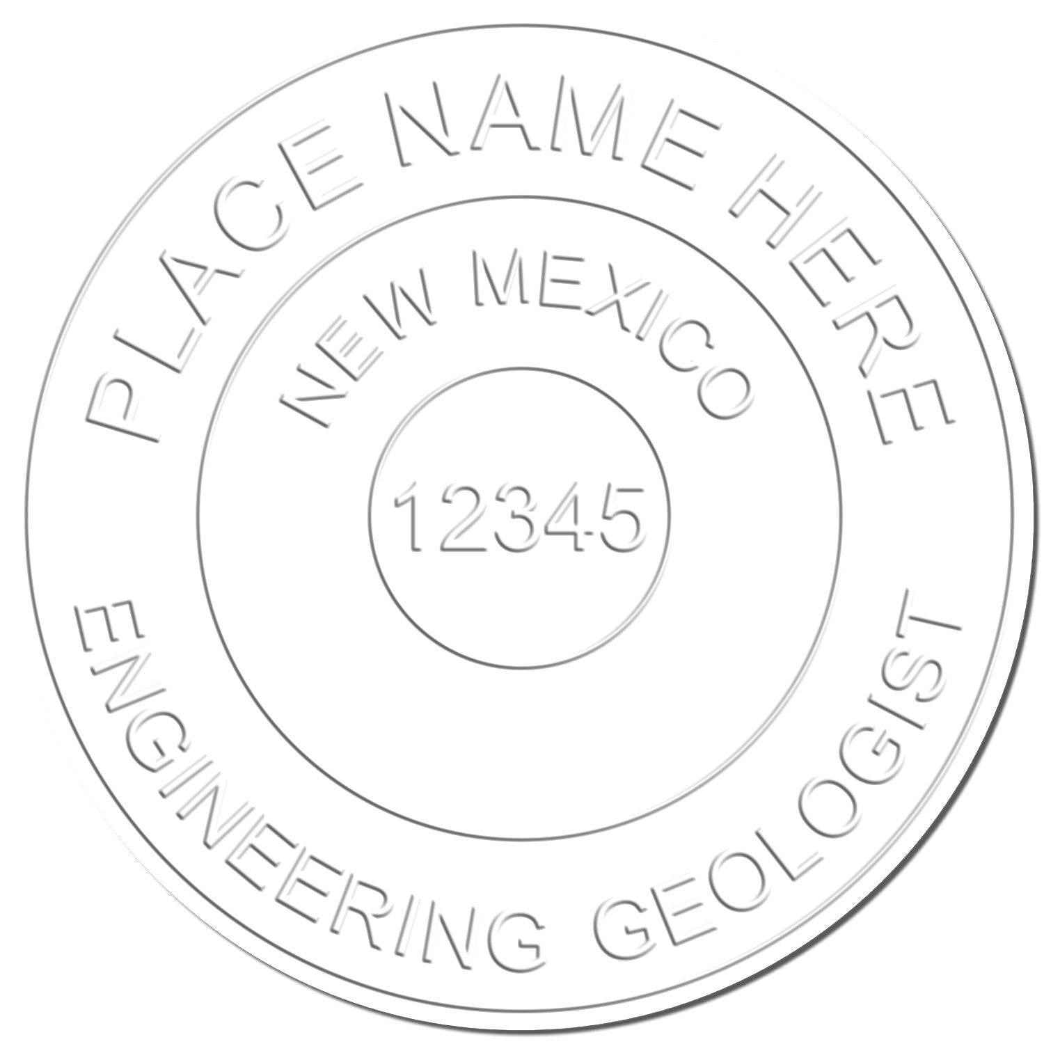 Image of an embossed seal with the text PLACE NAME HERE, NEW MEXICO, 12345, and ENGINEERING GEOLOGIST. The product is the Engineering Geologist Black Gift Seal Embosser.