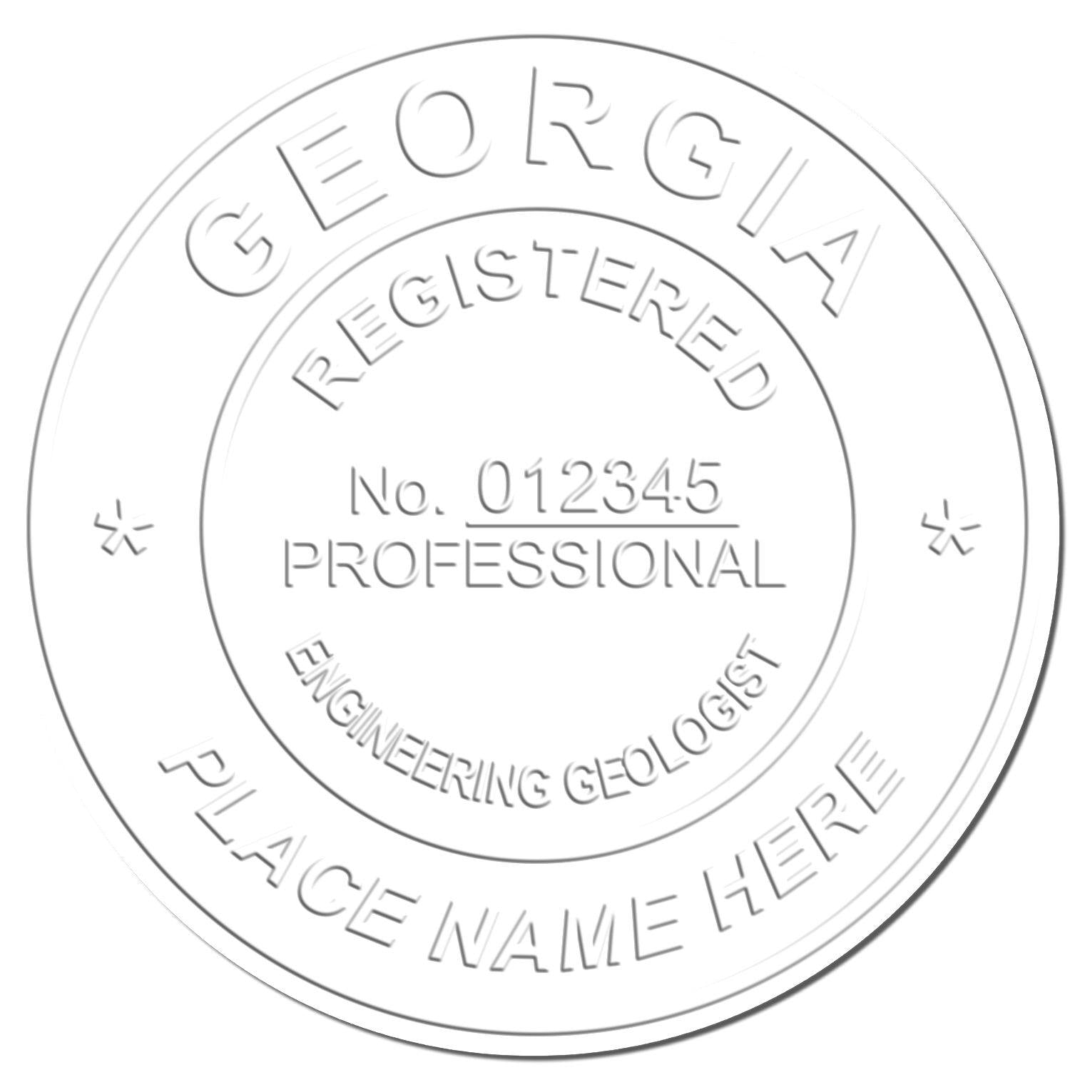 Image of an embossed seal with the text Georgia Registered Professional Engineering Geologist and Place Name Here. The product name is Engineering Geologist Pink Gift Embosser.