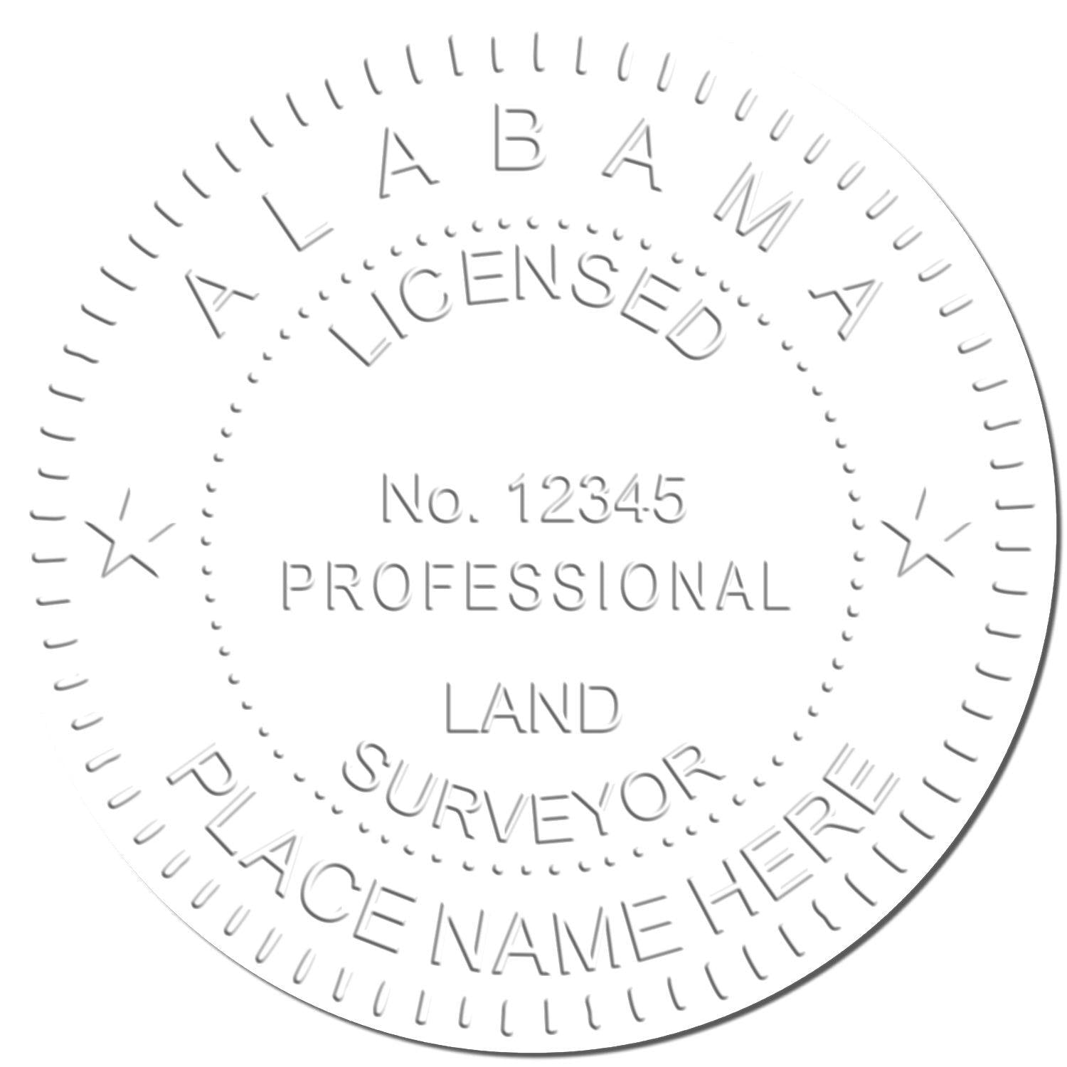 Embossed seal imprint from the Land Surveyor Long Reach Desk Seal Embosser, displaying Alabama Licensed Professional Land Surveyor No. 12345 .