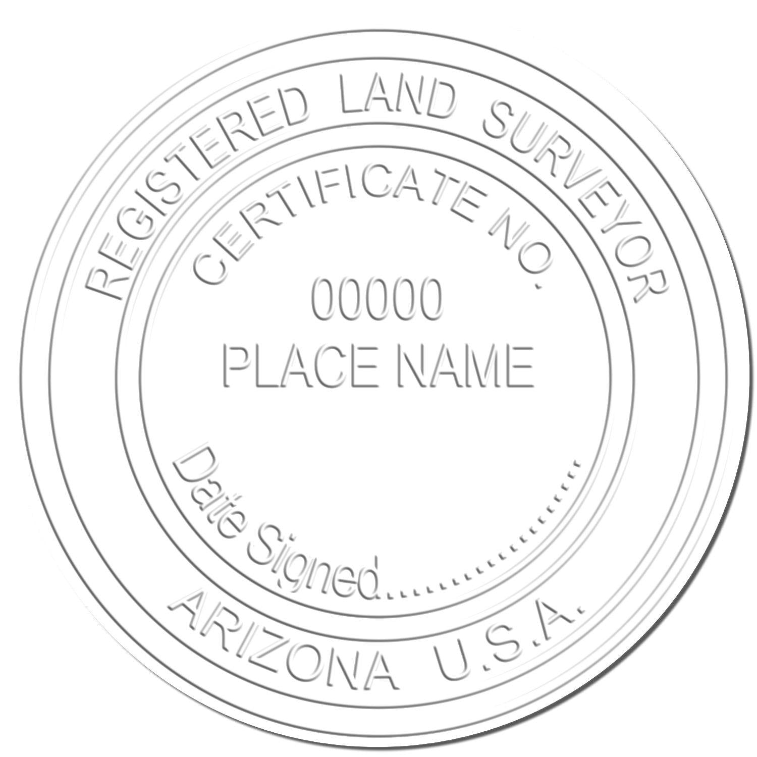 Land Surveyor Chrome Gift Seal Embosser showing Registered Land Surveyor with space for certificate number, place name, date signed, and Arizona, USA.