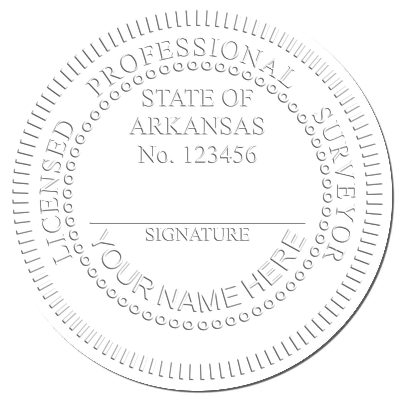 Embossed seal impression from the Land Surveyor Cast Iron Desk Seal Embosser, displaying Licensed Professional Surveyor, State of Arkansas No. 123456.