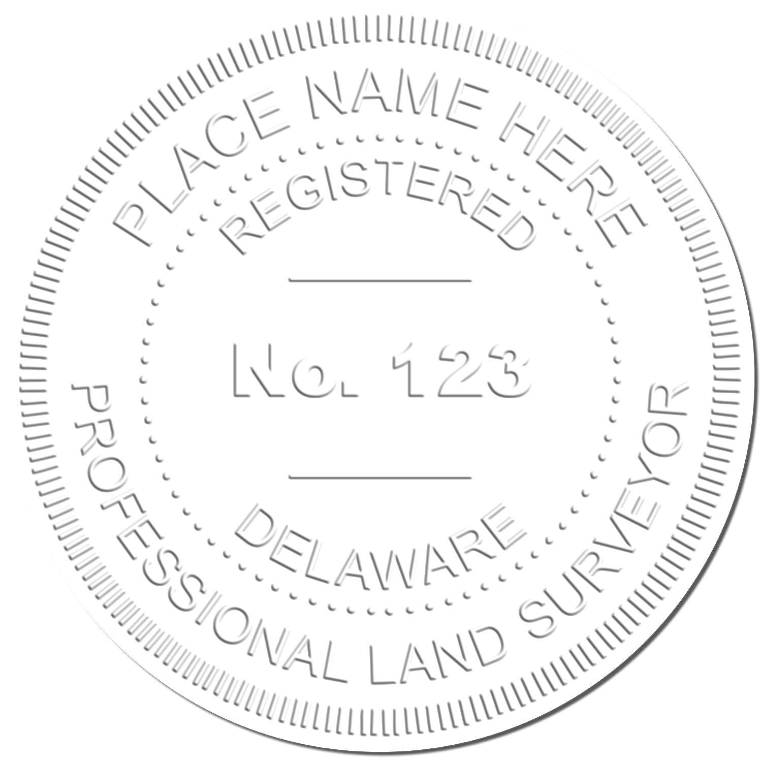 Embossed seal impression from the Land Surveyor Extended Long Reach Desk Seal Embosser, showing Professional Land Surveyor and Delaware .