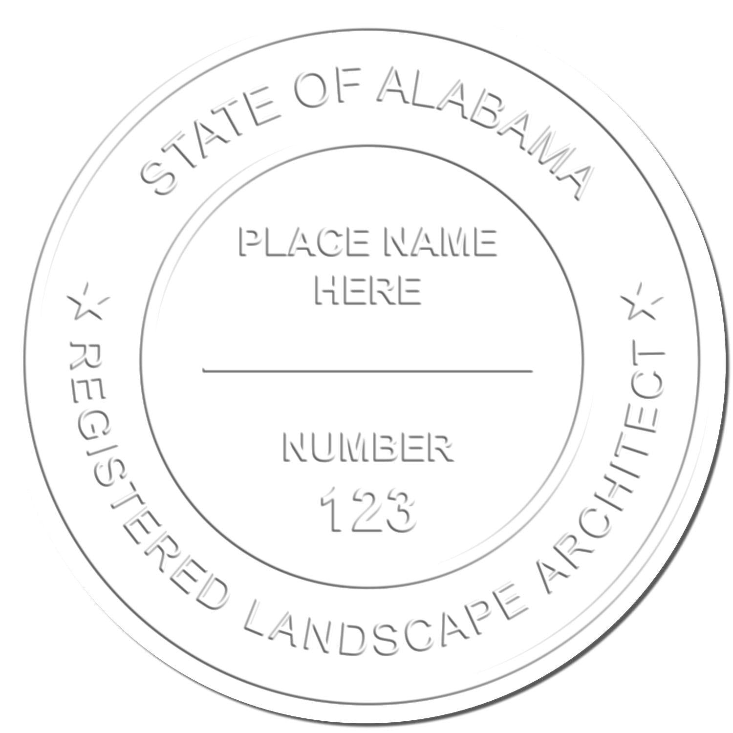 Image of a Landscape Architect Hybrid Seal Embosser imprint with State of Alabama and Registered Landscape Architect text, and placeholders for name and number.