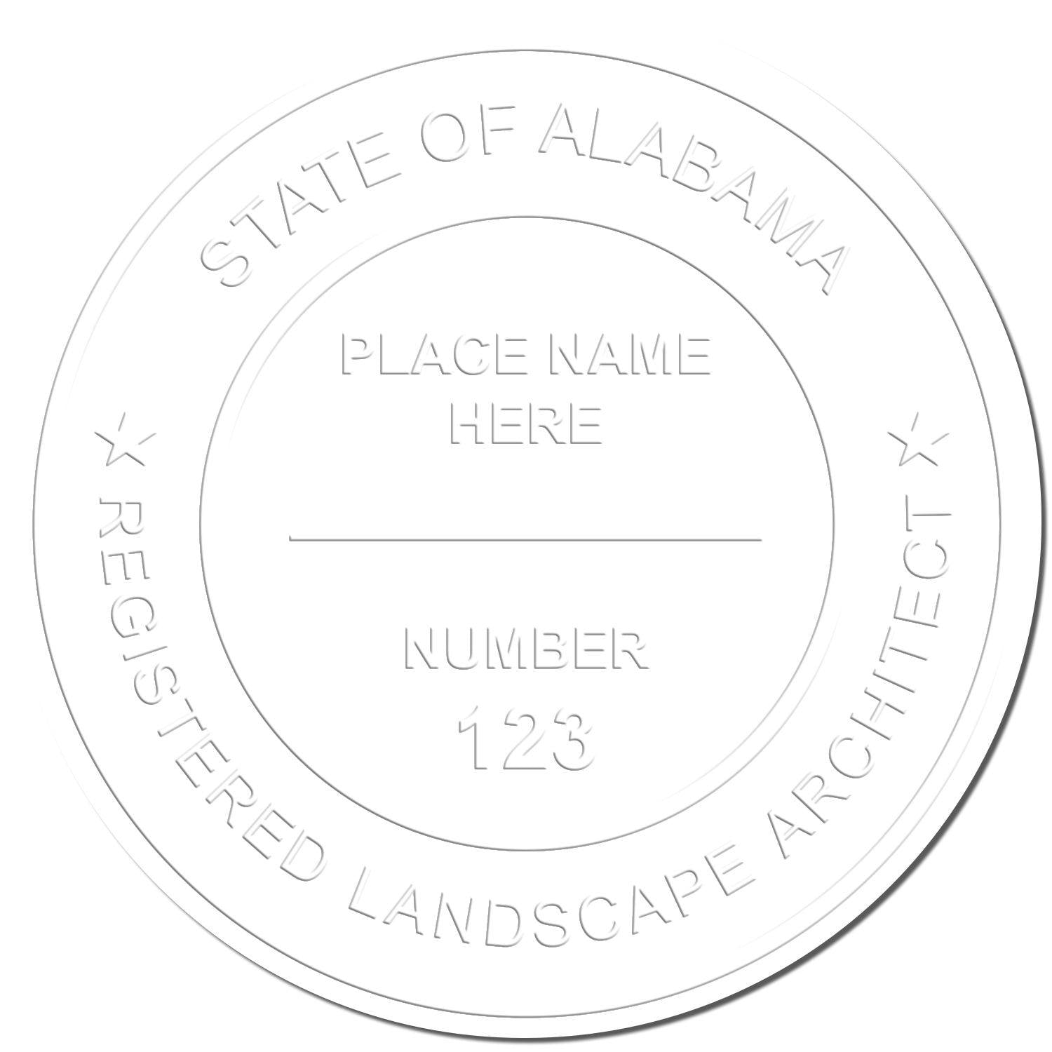 Embossed seal sample with 'State of Alabama' and 'Registered Landscape Architect' text, created using the Landscape Architect Black Gift Seal Embosser.