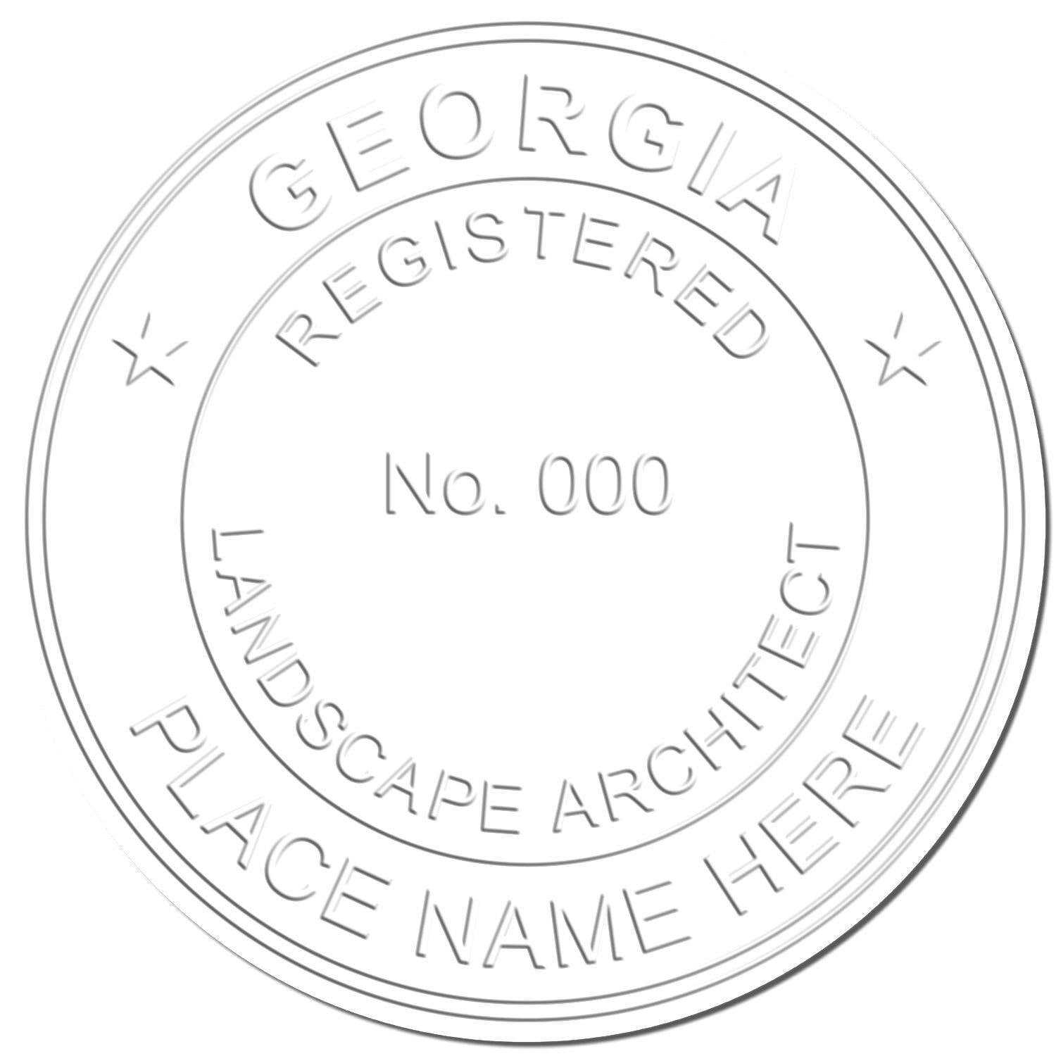 Embossed seal with Georgia Registered Landscape Architect Place Name Here No. 000 created by the Landscape Architect Black Gift Seal Embosser.