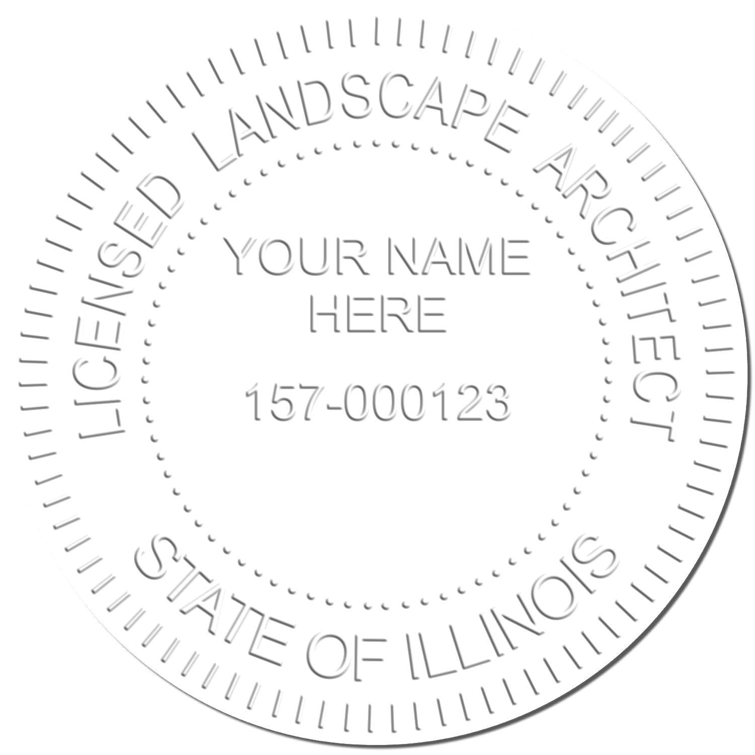 Embossed seal with Licensed Landscape Architect, State of Illinois text, created using the Landscape Architect Black Gift Seal Embosser.