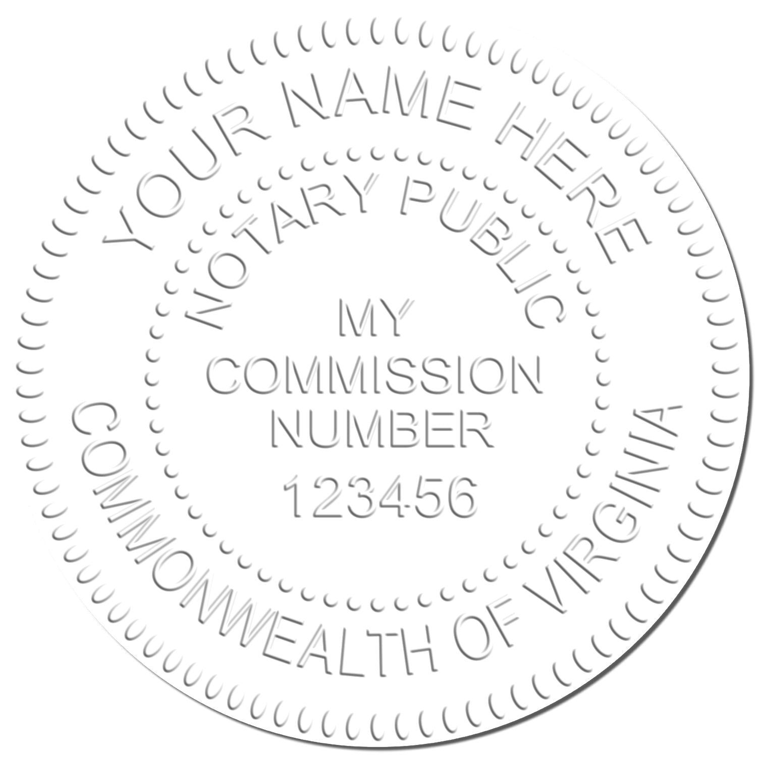 Embossed notary seal sample with text Your Name Here, Notary Public, My Commission Number 123456, Commonwealth of Virginia by Desk Notary Seal Embosser.