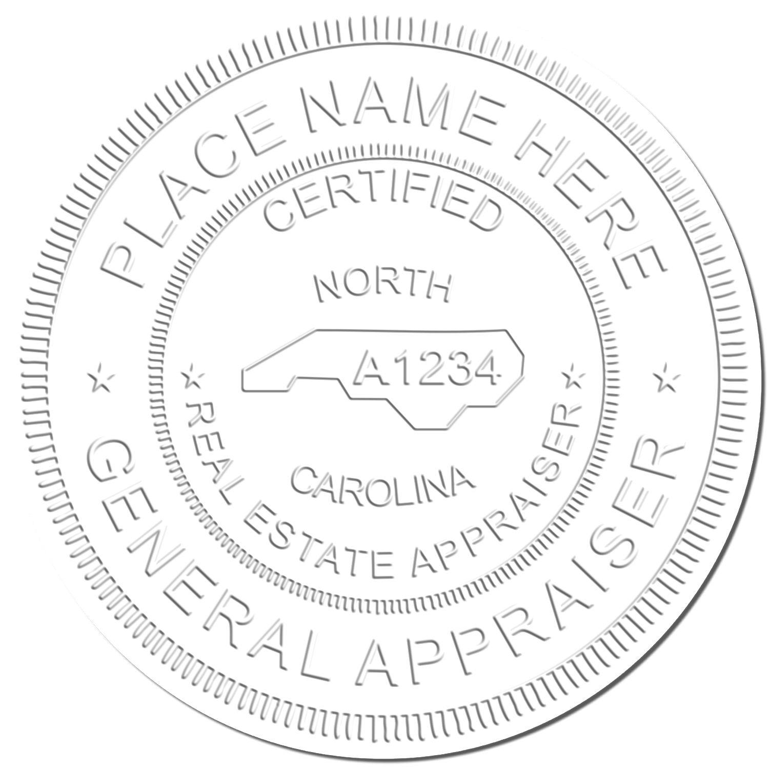 Image of a Real Estate Appraiser Cast Iron Desk Seal Embosser imprint, showing a circular design with customizable text and certification details.