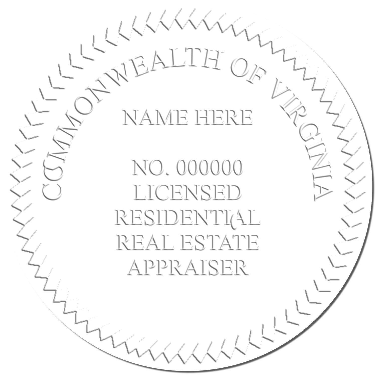 Embossed seal sample with text Commonwealth of Virginia, Licensed Residential Real Estate Appraiser from Real Estate Appraiser Long Reach Desk Seal Embosser.