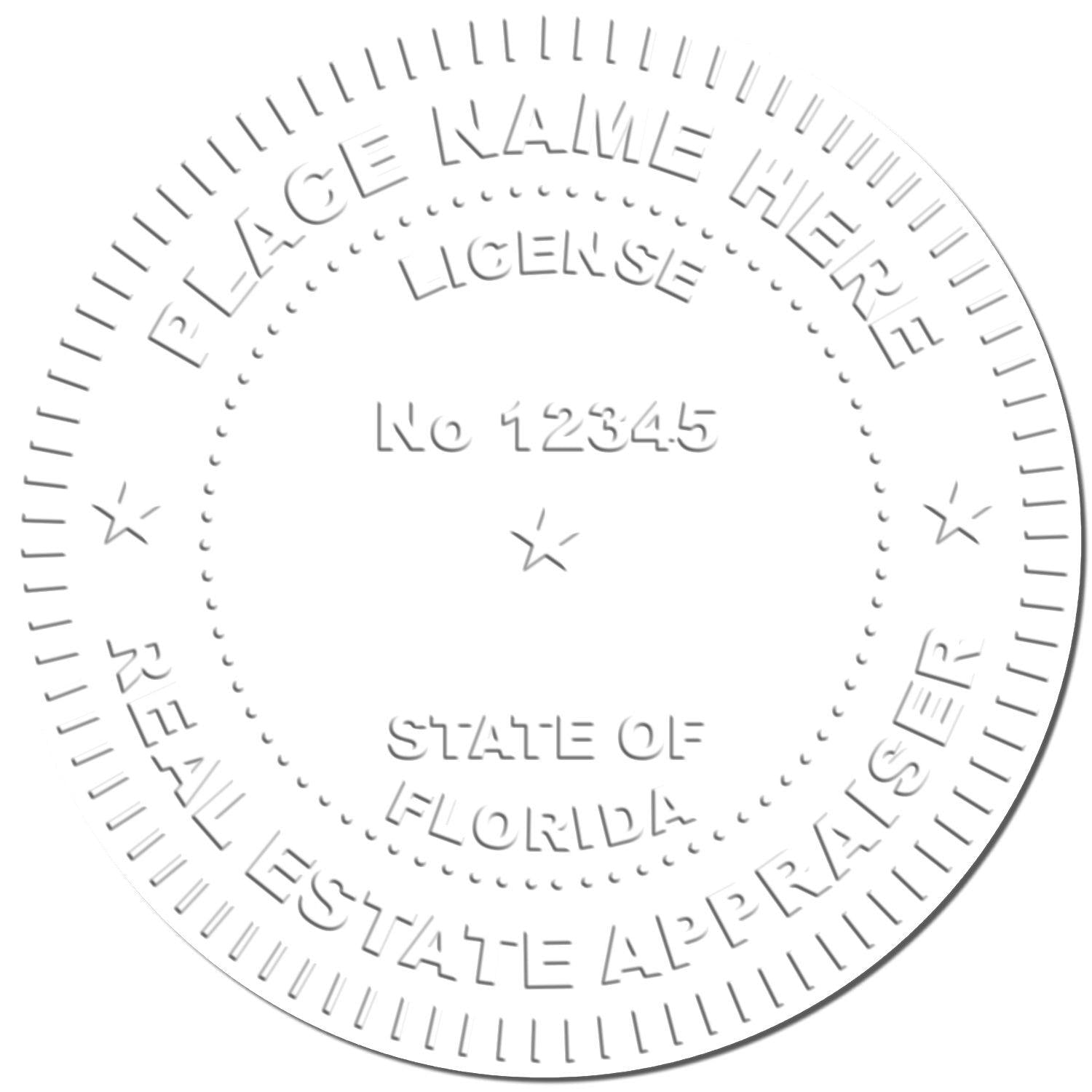 Image of a Real Estate Appraiser Red Soft Seal Embosser imprint with customizable text fields for name, license number, and state.