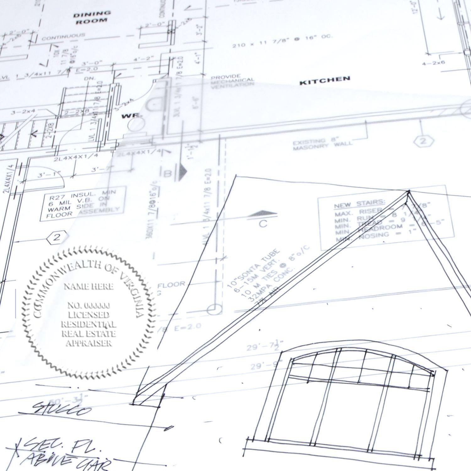 Real Estate Appraiser Blue Soft Seal Embosser in use on architectural blueprints, showing detailed floor plans and a certified seal imprint.