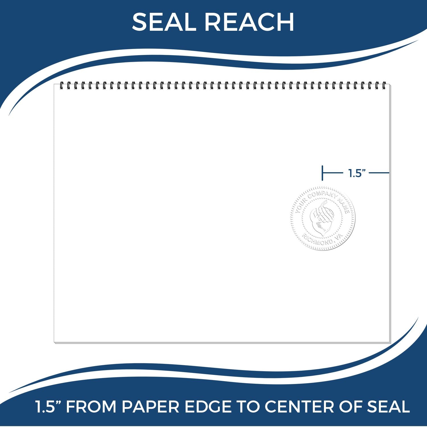 Image showing the Professional Engineer Pink Gift Seal Embosser imprint on a white paper, with a 1.5-inch distance from the paper edge to the center of the seal. Blue and white design elements highlight the seal reach.