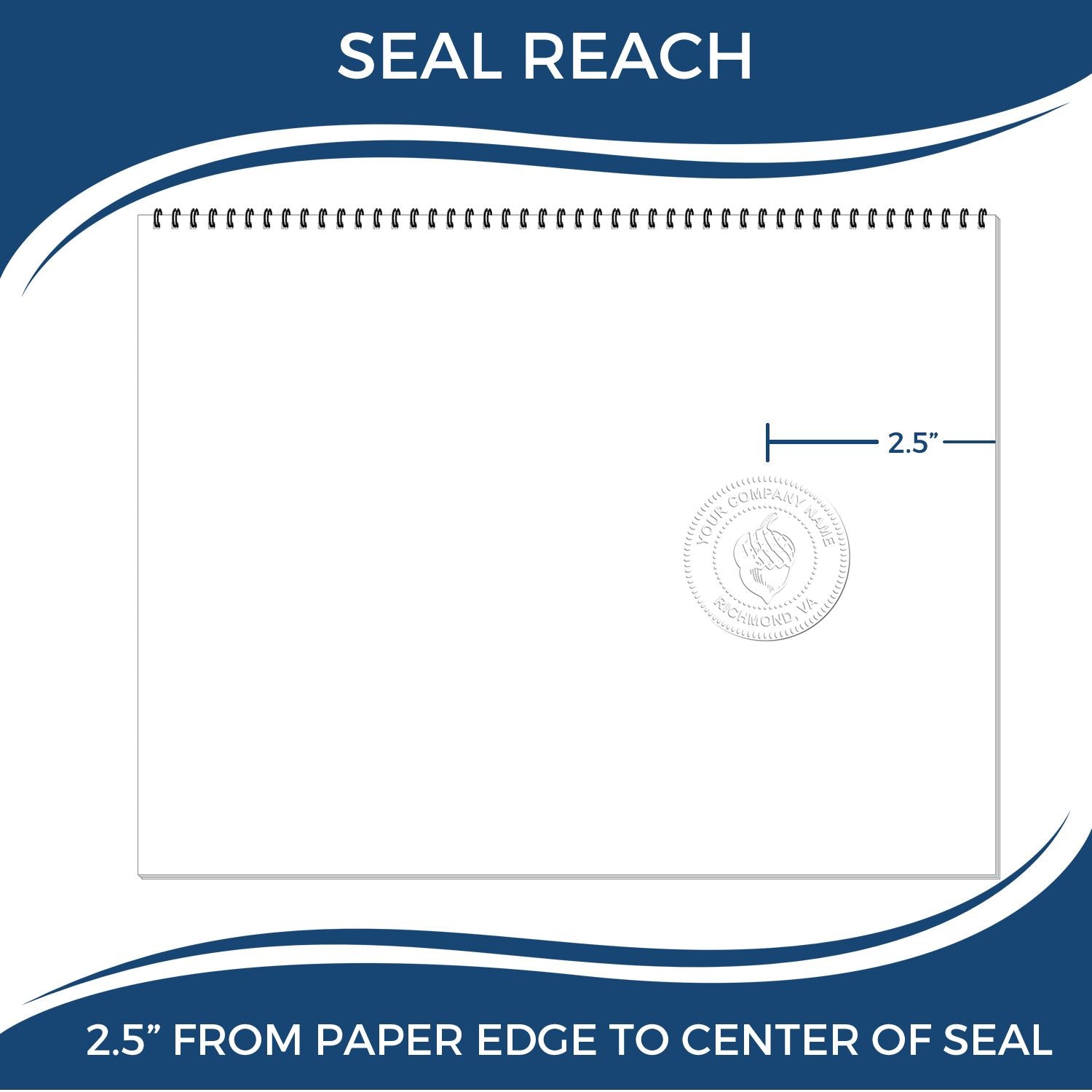 An infographic showing the seal reach which is represented by a ruler and a miniature seal image of the State of Ohio Long Reach Architectural Embossing Seal