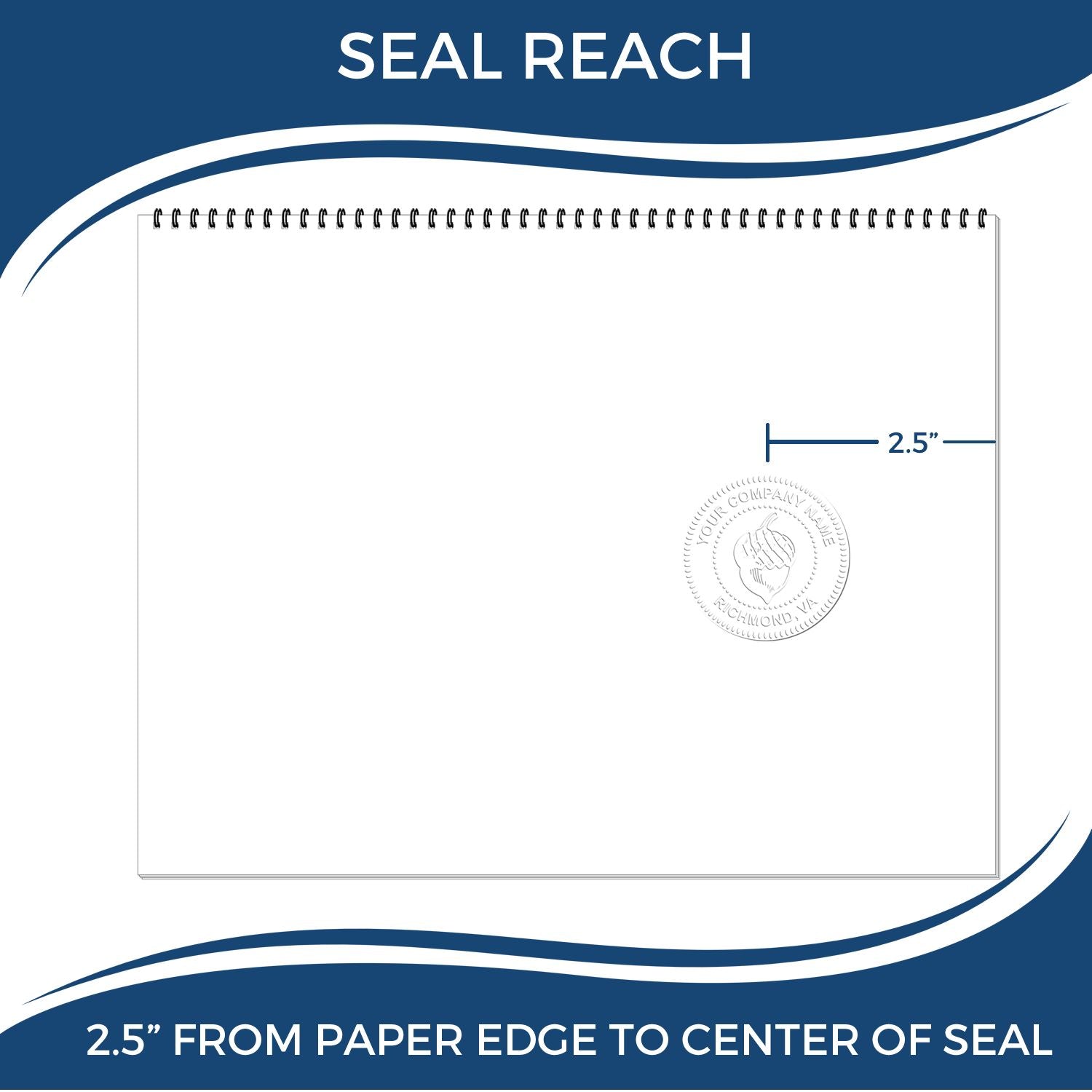 An infographic showing the seal reach which is represented by a ruler and a miniature seal image of the Heavy Duty Cast Iron Maine Engineer Seal Embosser