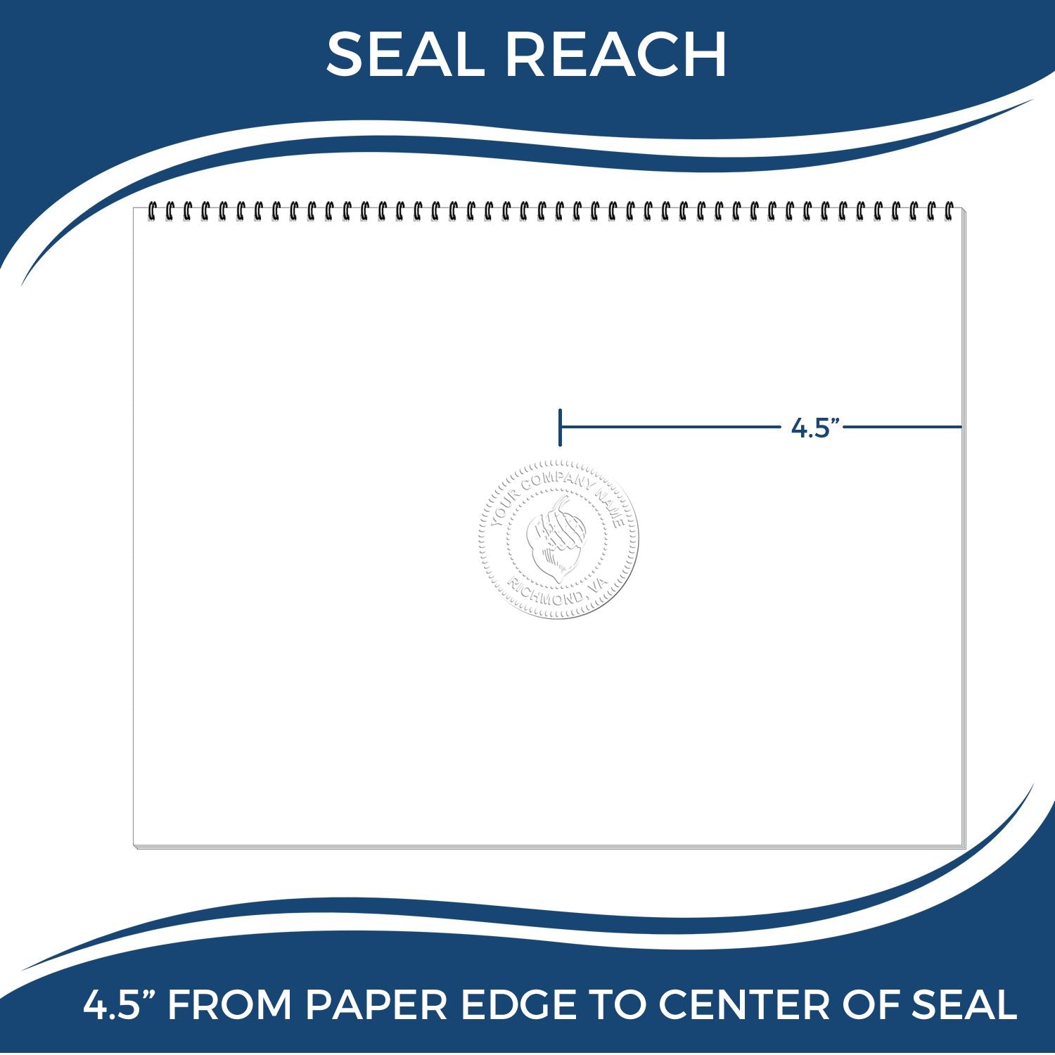 An infographic showing the seal reach which is represented by a ruler and a miniature seal image of the Extended Long Reach Ohio Architect Seal Embosser