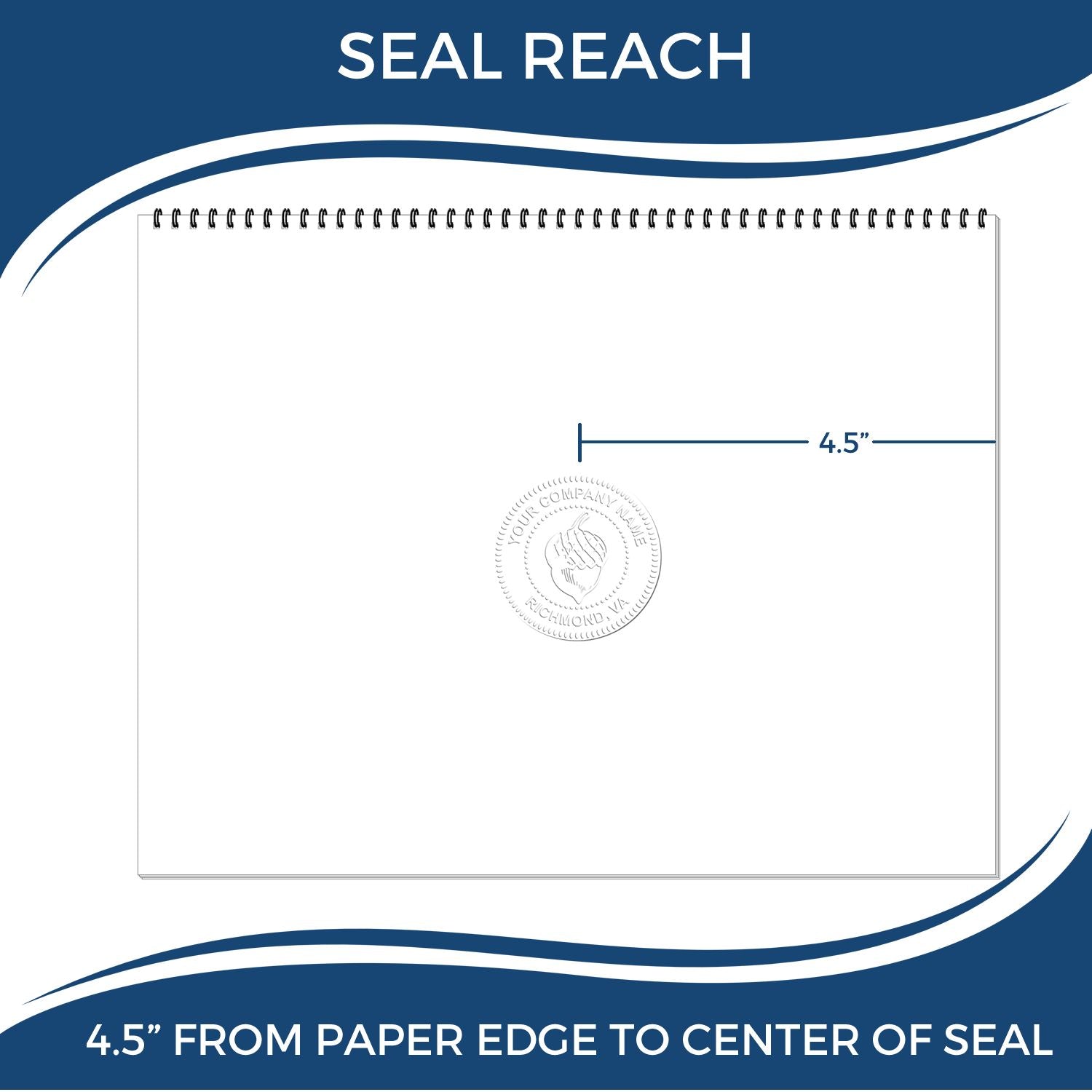 An infographic showing the seal reach which is represented by a ruler and a miniature seal image of the Extended Long Reach Pennsylvania Architect Seal Embosser