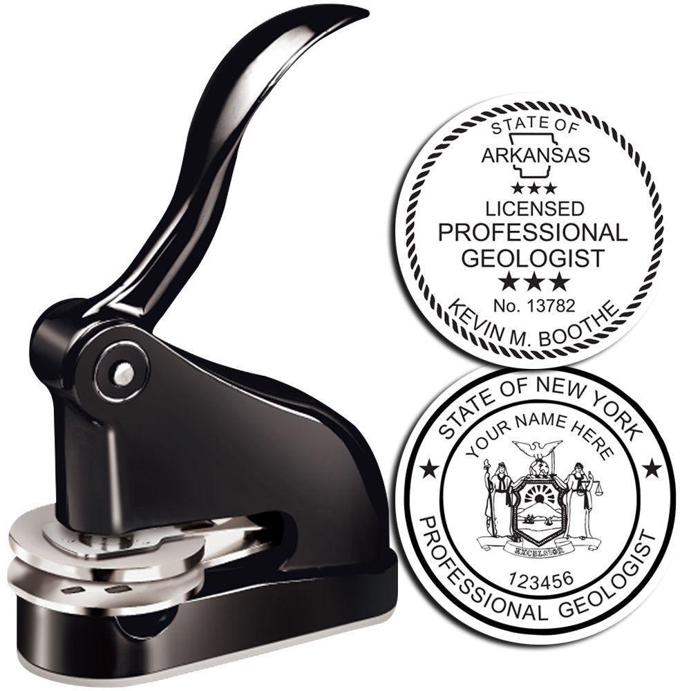 Engineering Geologist Black Gift Seal Embosser with a sleek black handle, shown with two sample embossed seals for licensed professional geologists from Arkansas and New York.