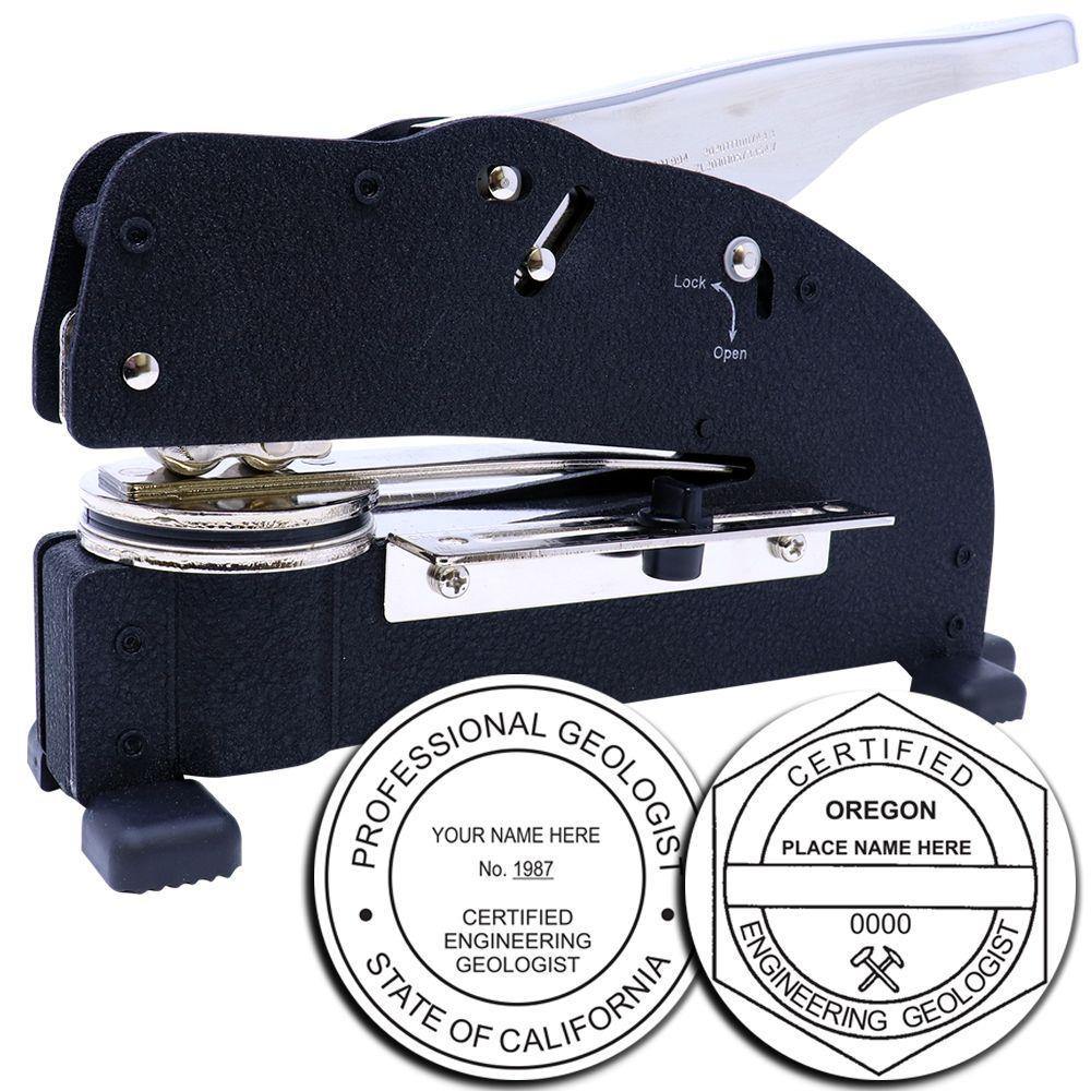 Image of the Engineering Geologist Extended Long Reach Desk Seal Embosser, a black and silver device used for embossing professional seals, shown with two sample embossed seals for California and Oregon.