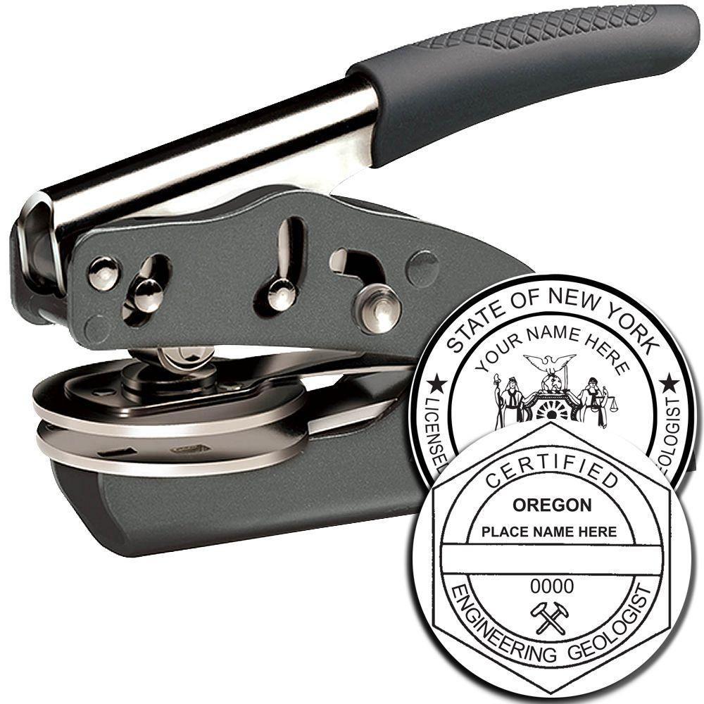 Engineering Geologist Handheld Soft Seal Embosser with ergonomic handle and sample embossed seals for New York and Oregon certifications.