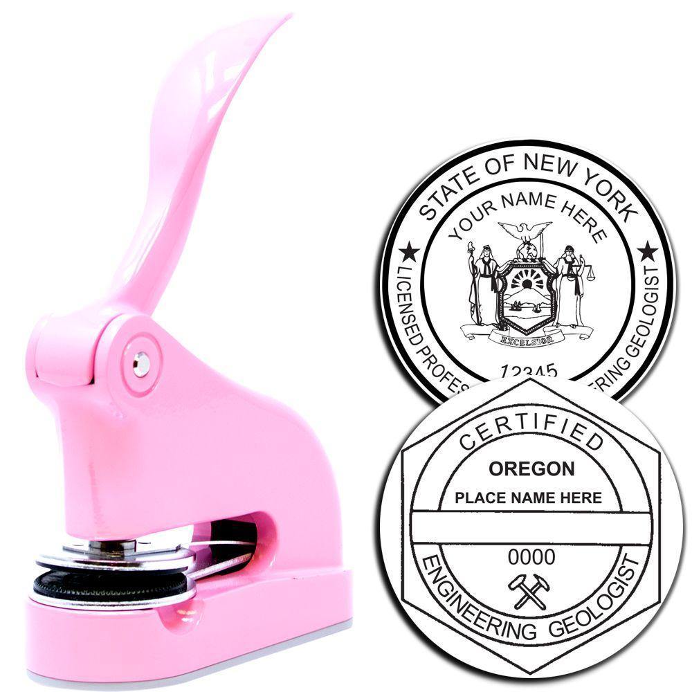 Pink handheld embosser labeled Engineering Geologist Pink Gift Embosser with two sample embossed seals, one for New York and one for Oregon, showcasing professional engineering geologist certification.