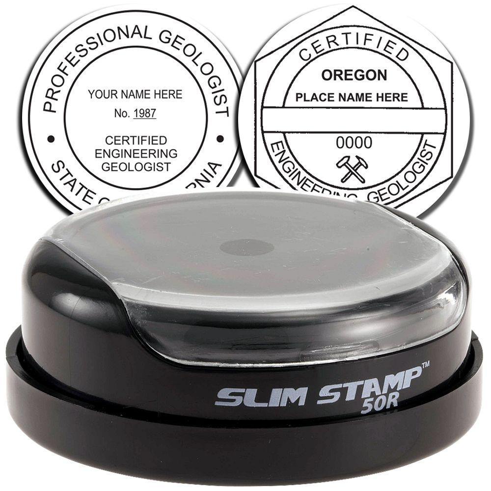 Image of the Engineering Geologist Slim Pre-Inked Rubber Stamp of Seal, featuring a black, round stamp with a transparent top, and two sample seal designs showing customizable text for professional geologists.