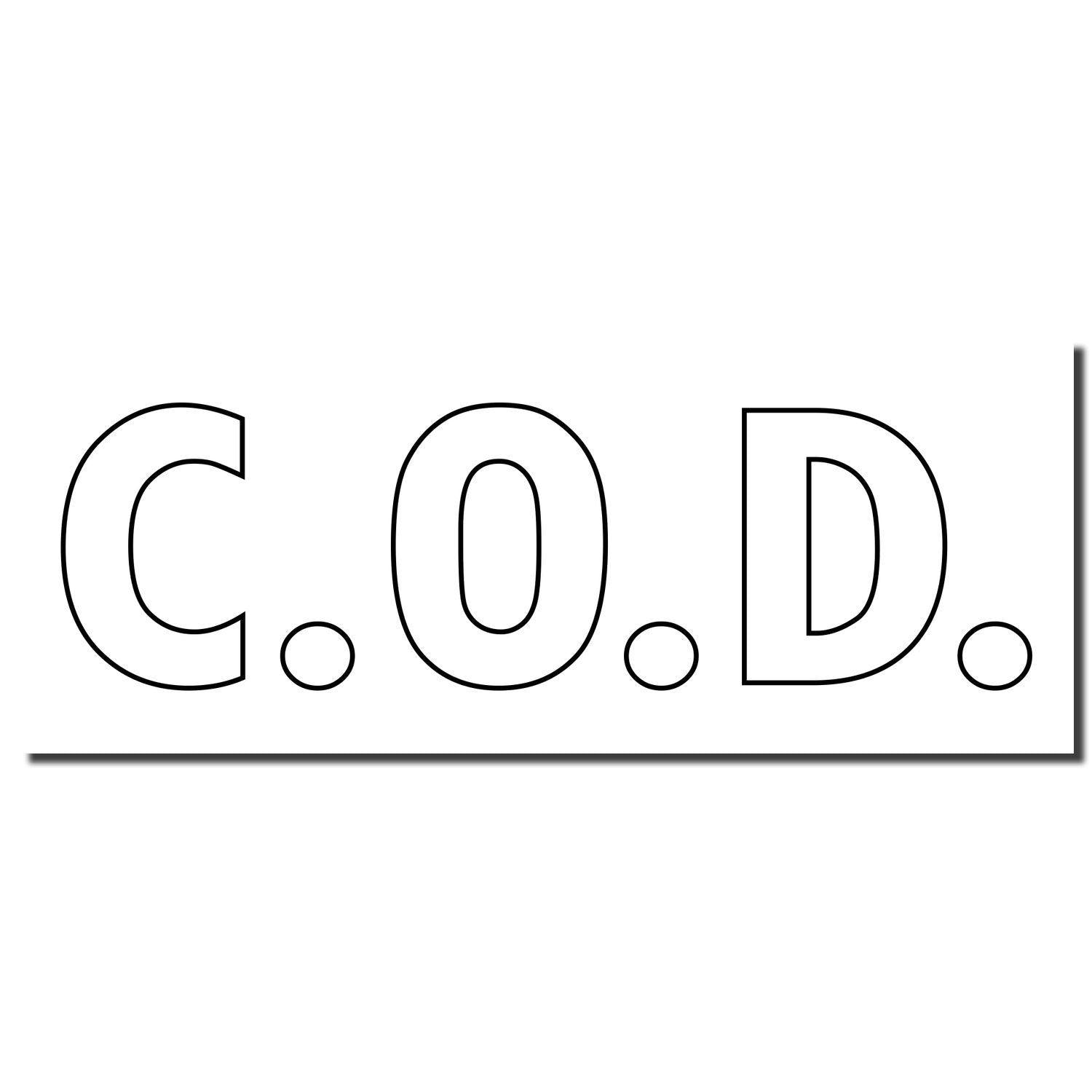 Image of a COD With Outline Text Rubber Stamp imprint showing the letters C.O.D. in bold, black outline text on a white background.