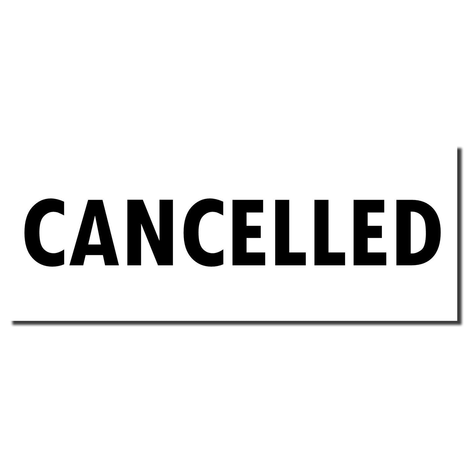 Image of a black "CANCELLED" imprint from a Cancelled Rubber Stamp on a white background.