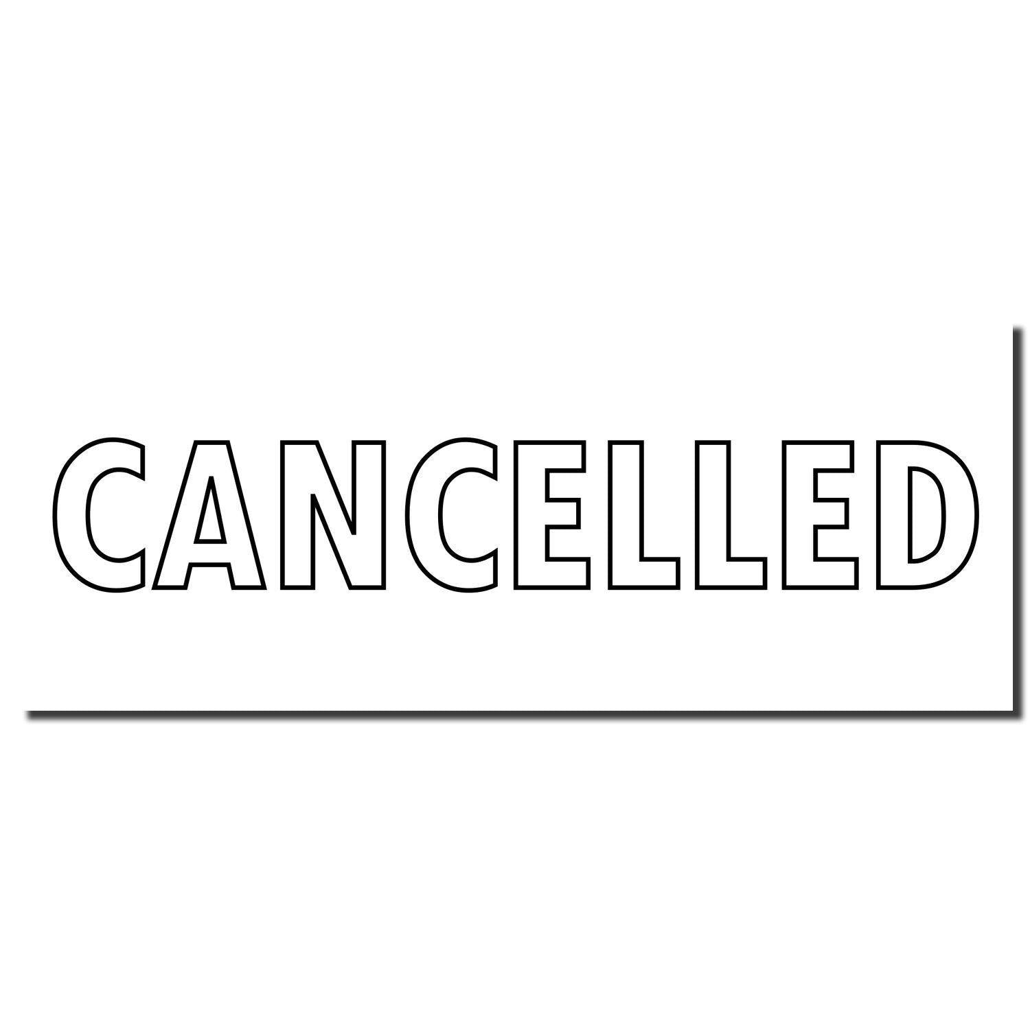 Outlined Cancelled Rubber Stamp with bold, black letters spelling CANCELLED on a white background.