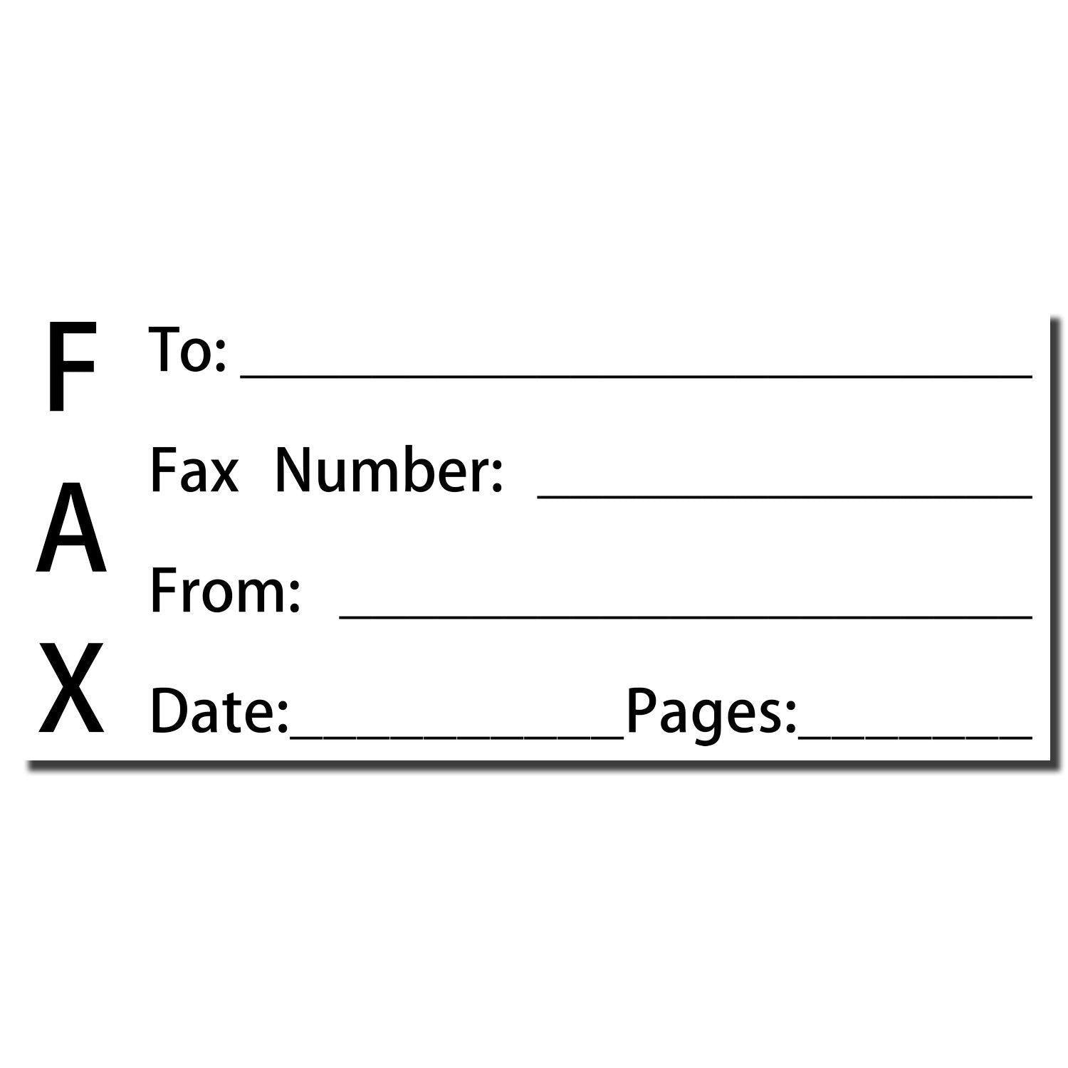 Image of a Slim Pre-Inked Fax It 1 Stamp imprint with fields for To, Fax Number, From, Date, and Pages on a white background.