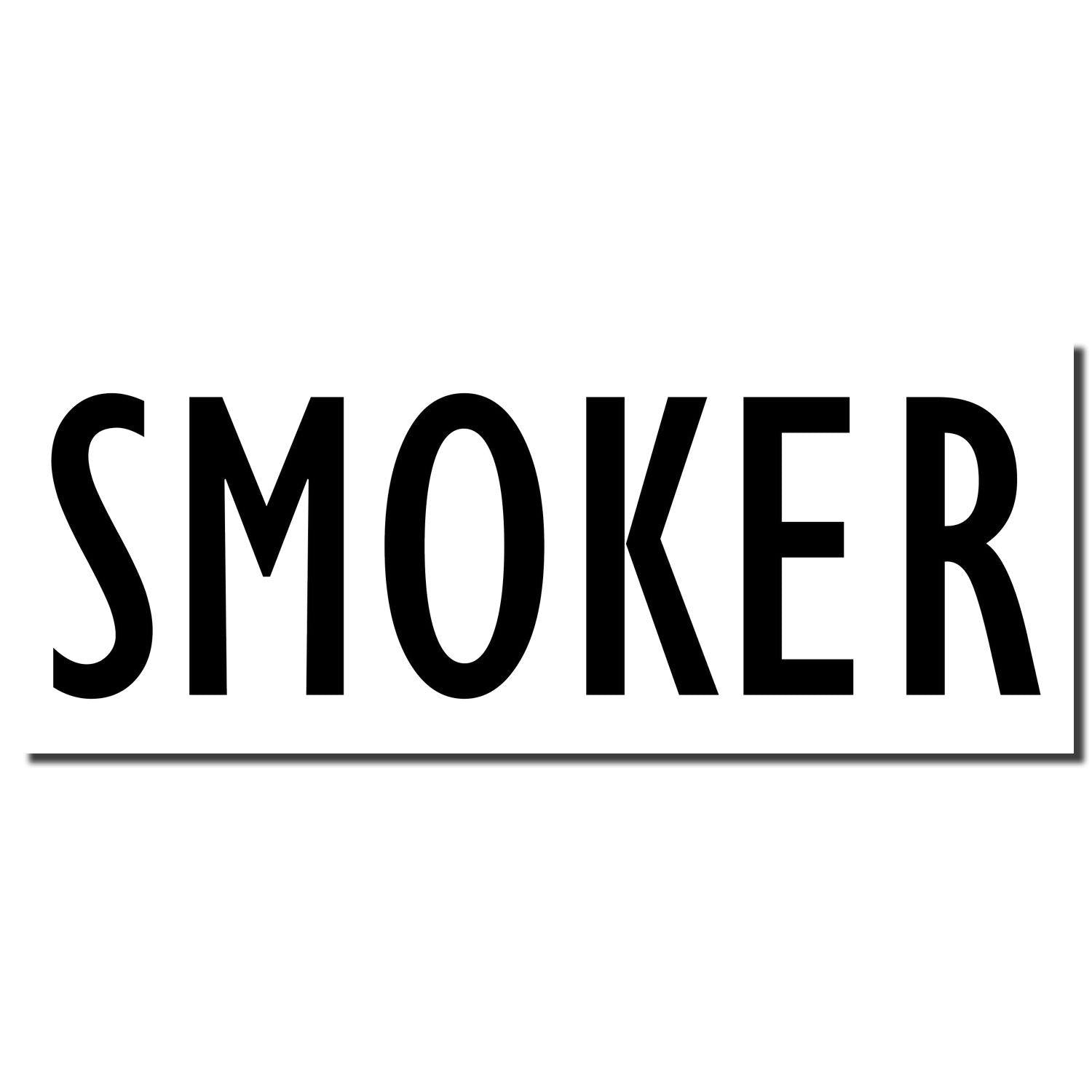 Slim Pre-Inked Smoker Stamp imprint in black ink on a white background, displaying the word "SMOKER" in bold, uppercase letters.