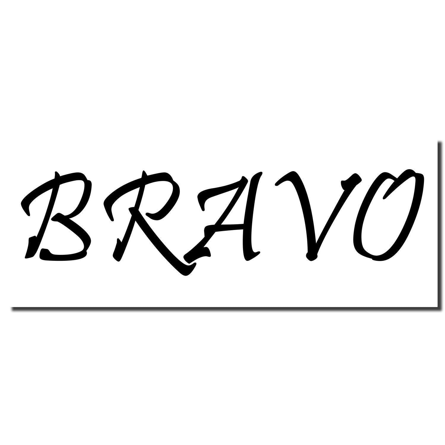 Bravo Rubber Stamp imprint in bold, black cursive letters on a white background.