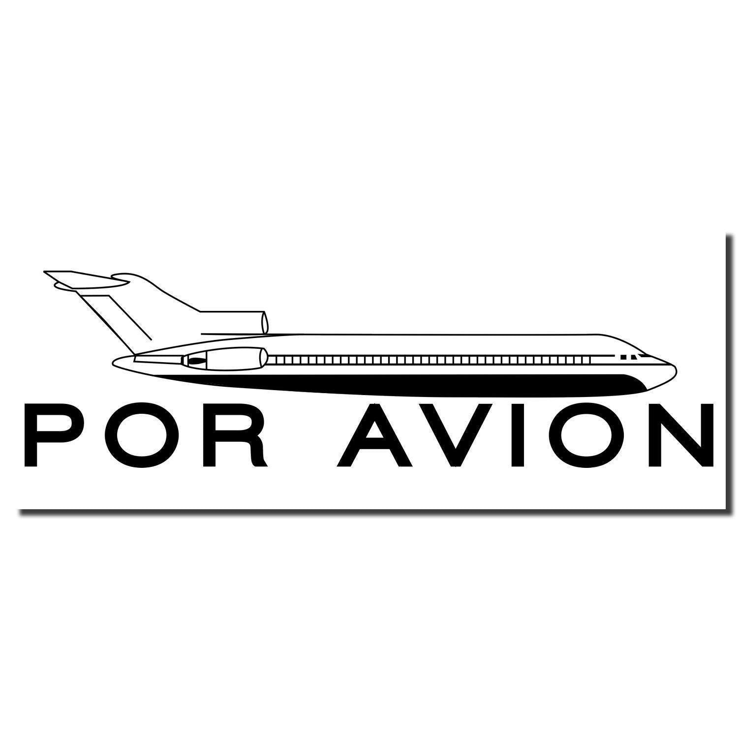 Large Pre-Inked Por Avion Stamp imprint showing a detailed airplane graphic with the text POR AVION below it in bold letters.