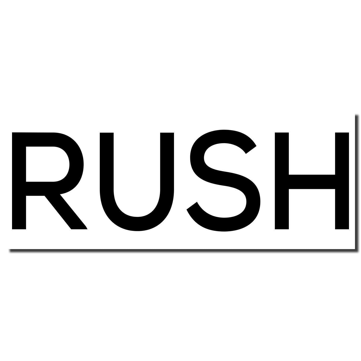 Image of the Slim Pre-Inked Skinny Rush Stamp imprint showing the word 'RUSH' in bold black letters on a white background.