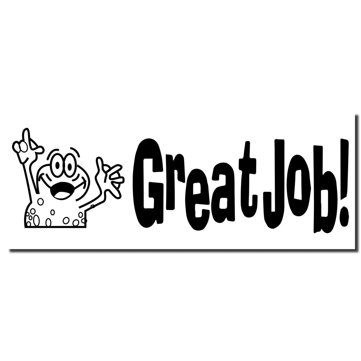 Self Inking Great Job Stamp imprint showing a cartoon character with raised hands and the text Great Job! in bold black letters.