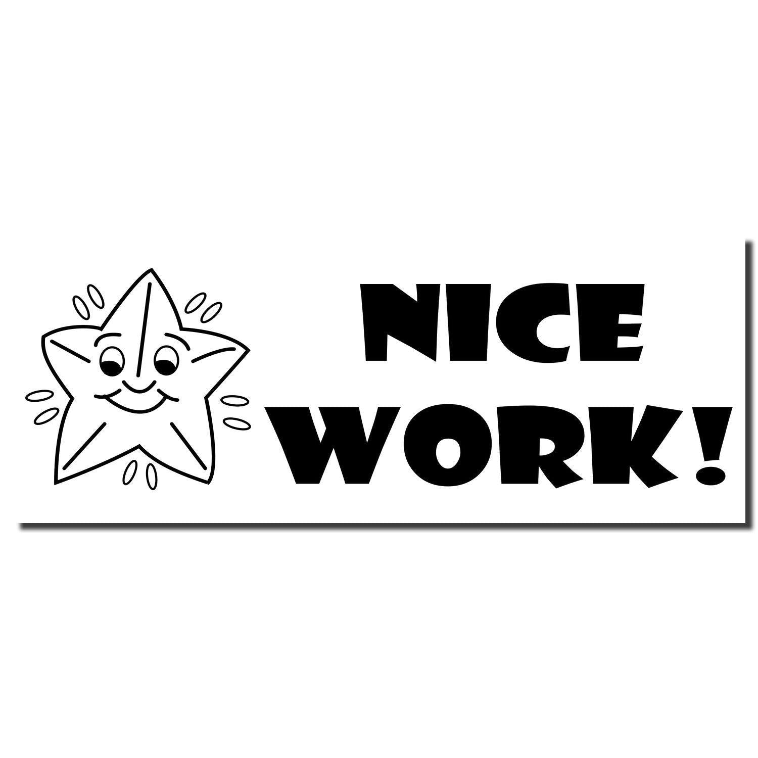 Large Nice Work Rubber Stamp with a smiling star and bold text NICE WORK! on a white background.