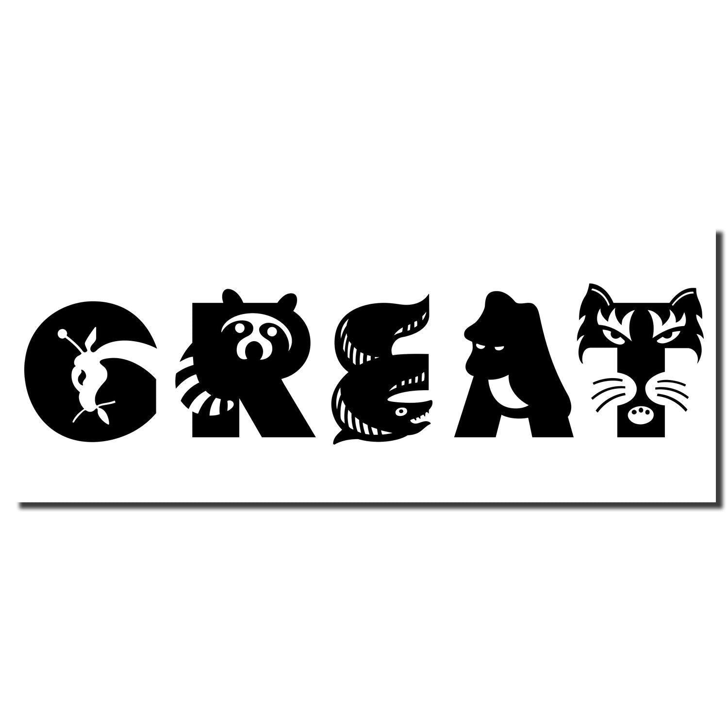 Self Inking Great Stamp imprint showing the word 'GREAT' with each letter creatively designed as different animals in black ink.