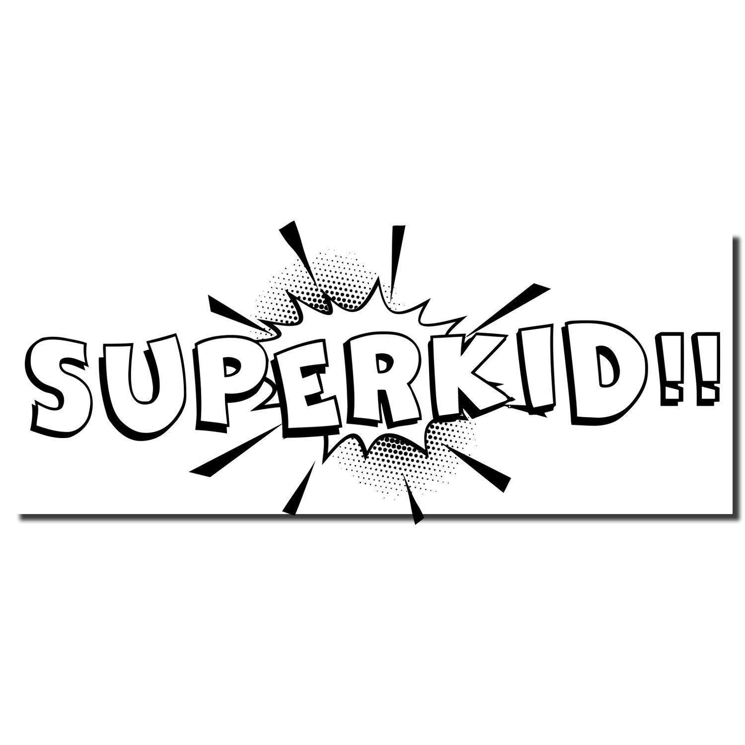 Superkid Rubber Stamp imprint with bold comic-style text and dynamic burst lines on a white background.