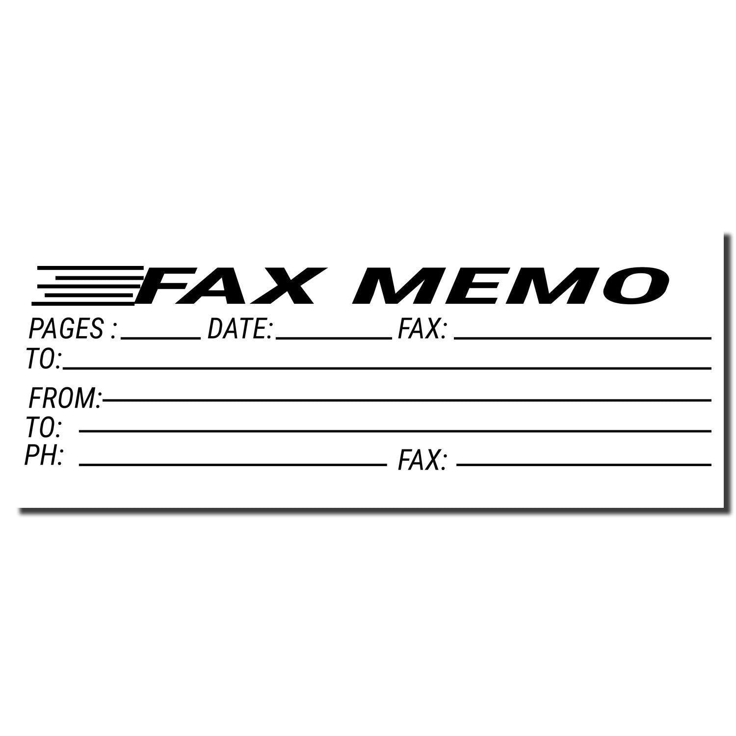 Large Self Inking Fax Memo Stamp with fields for pages, date, fax, to, from, phone, and fax numbers. Black text on a white background.