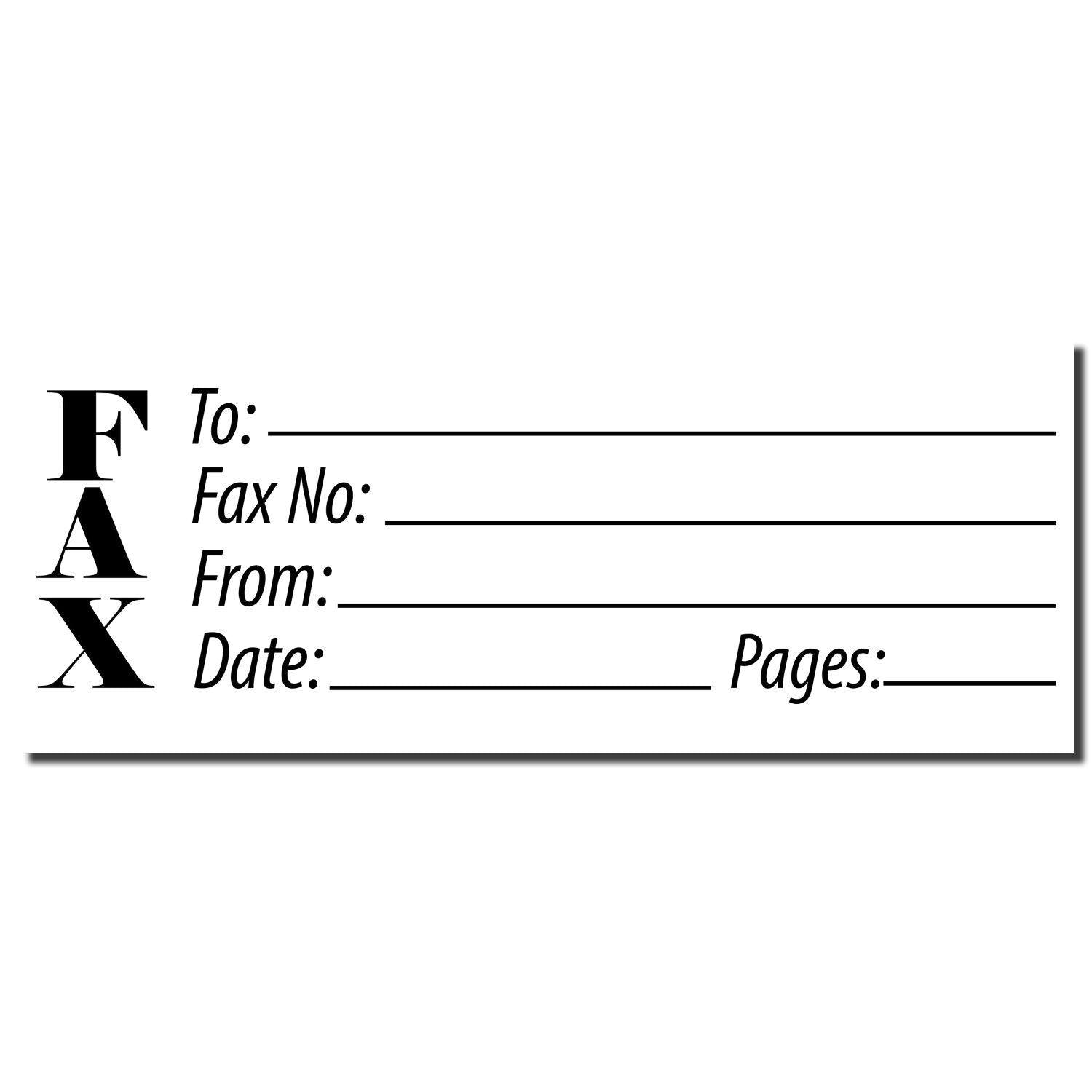 Image of a Fax Rubber Stamp imprint with fields for To, Fax No, From, Date, and Pages, designed for organizing fax details.