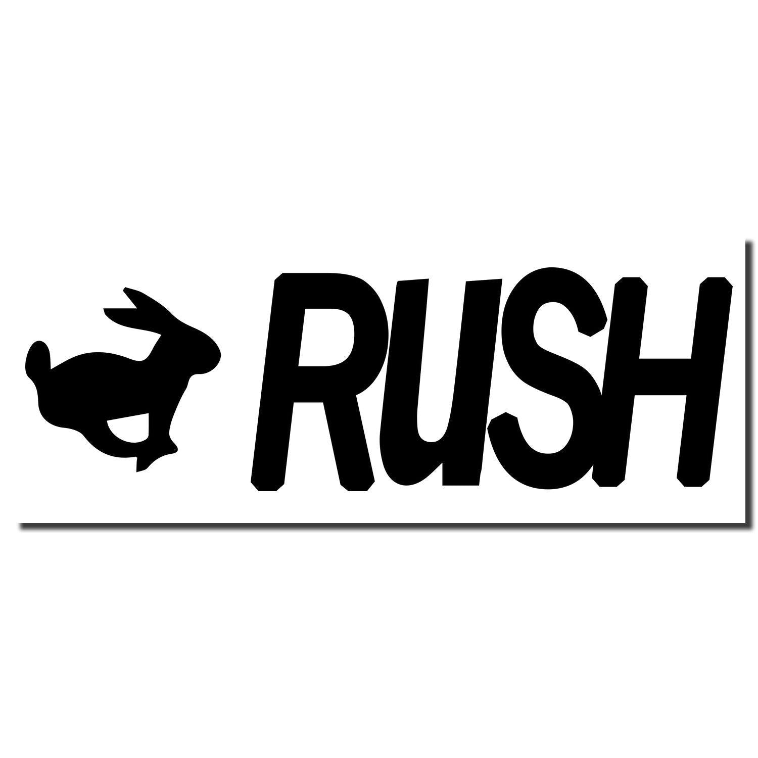 Slim Pre-Inked Rush with Rabbit Stamp featuring a black silhouette of a rabbit and the word RUSH in bold black letters.