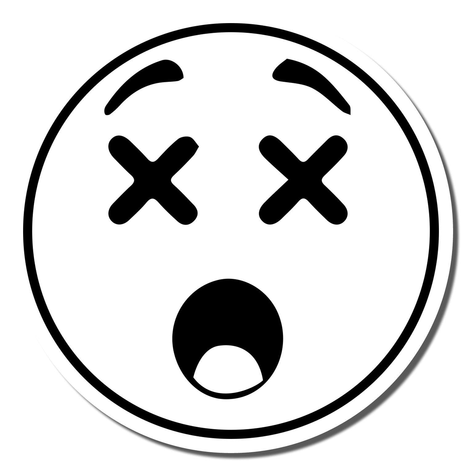 Round Shocked Smiley Rubber Stamp with X eyes, raised eyebrows, and open mouth in black ink on a white background.