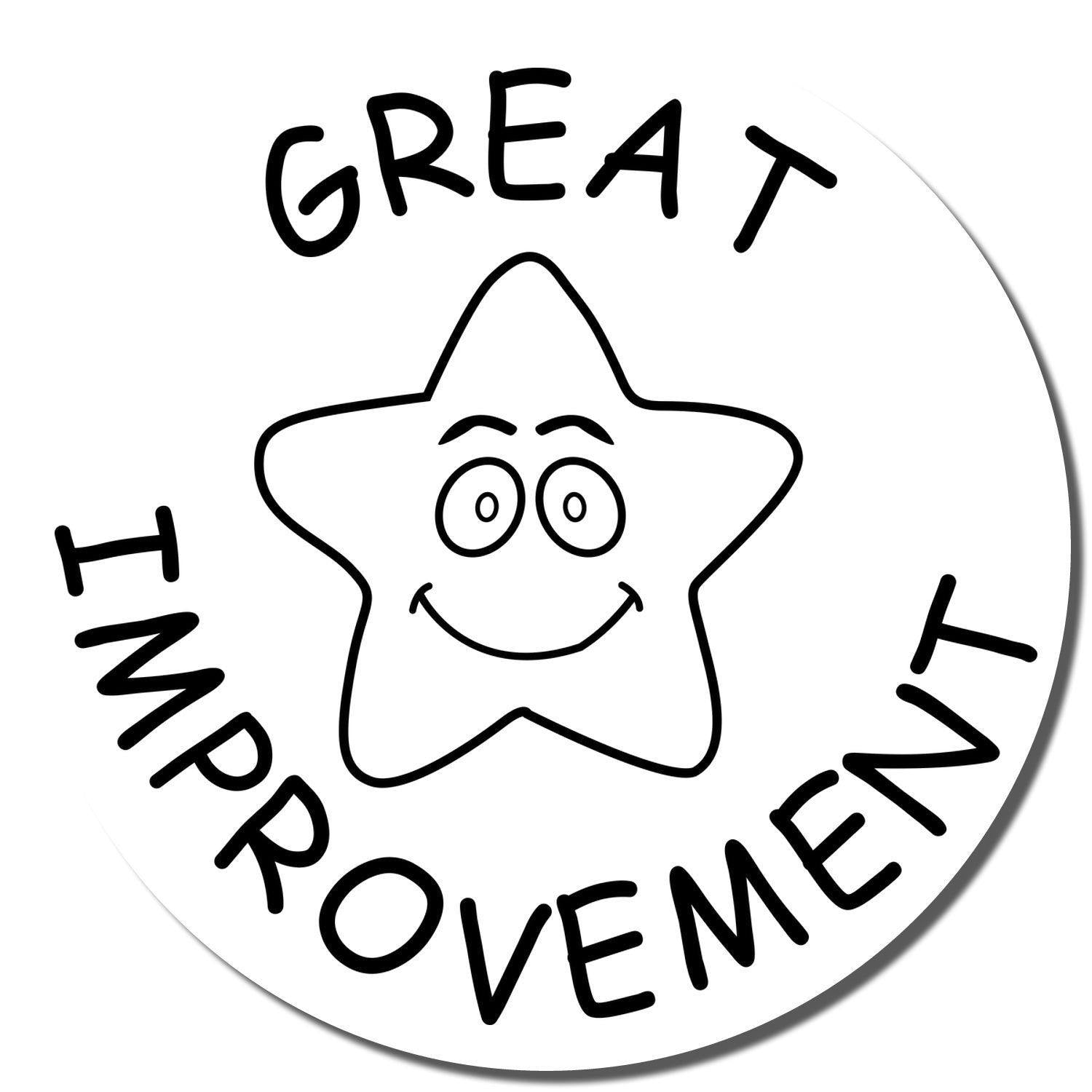 Round Great Improvement rubber stamp with a smiling star in the center and the words 'Great Improvement' around it.