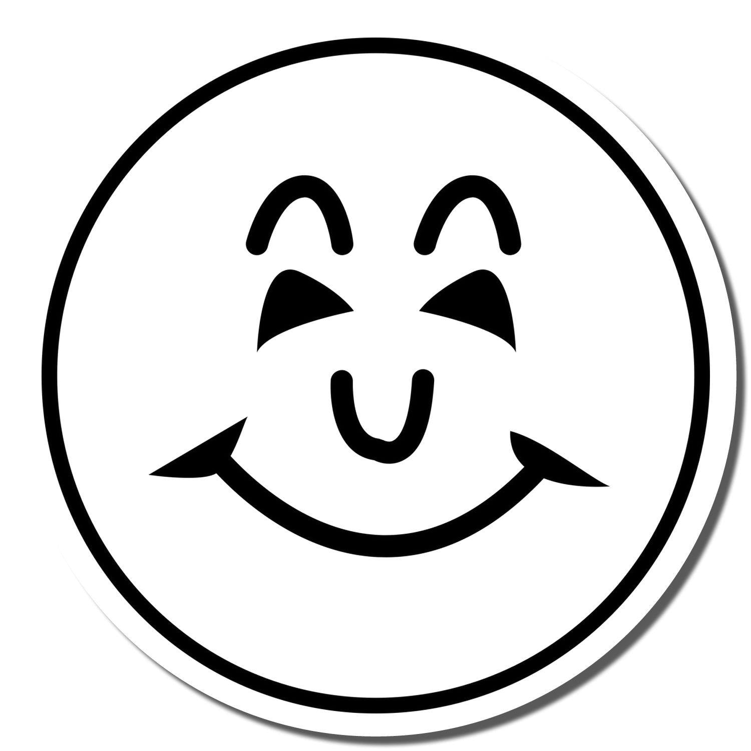 Round Happy Face Rubber Stamp with a smiling face, closed eyes, and curved mouth inside a black circle on a white background.