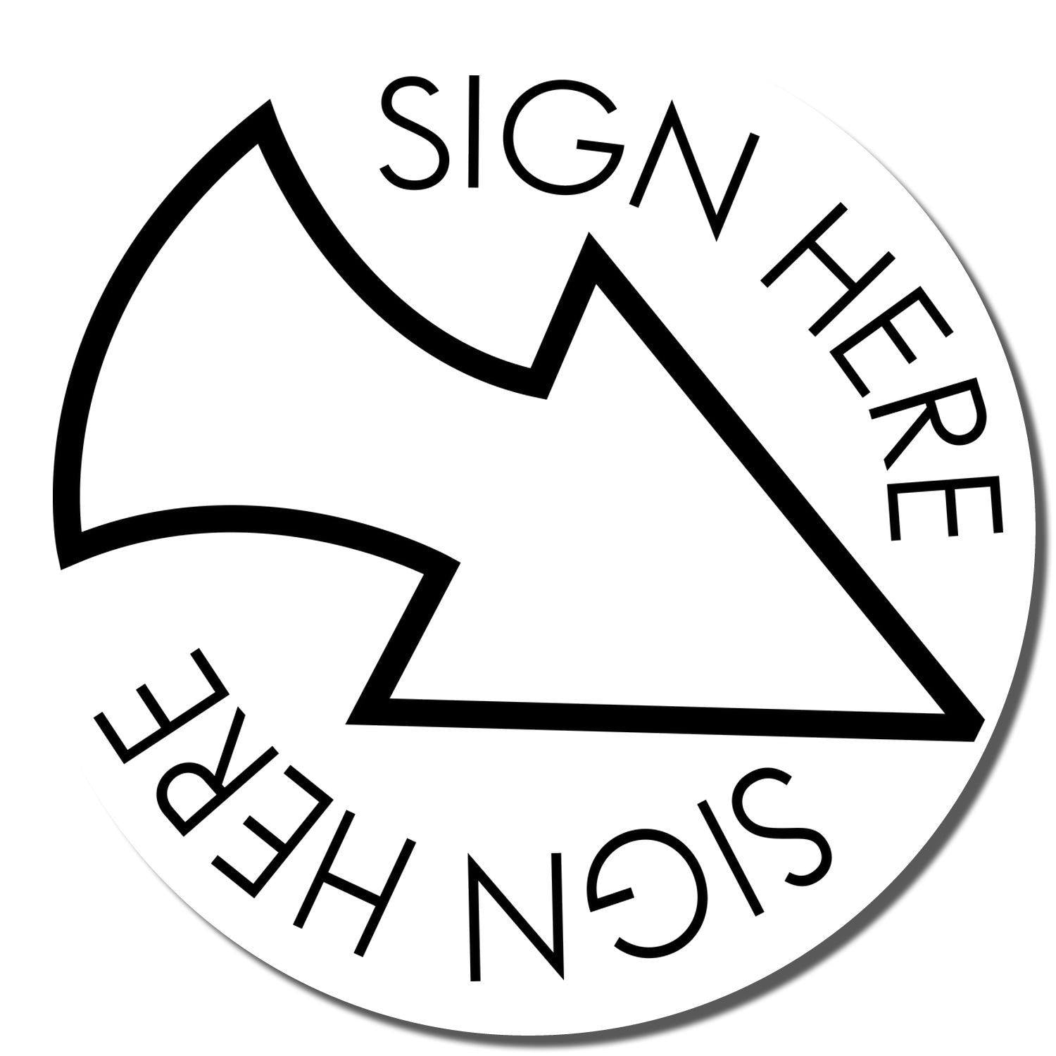 Round Sign Here with Arrow Rubber Stamp, black ink, featuring a bold arrow pointing right with SIGN HERE text around the edge.