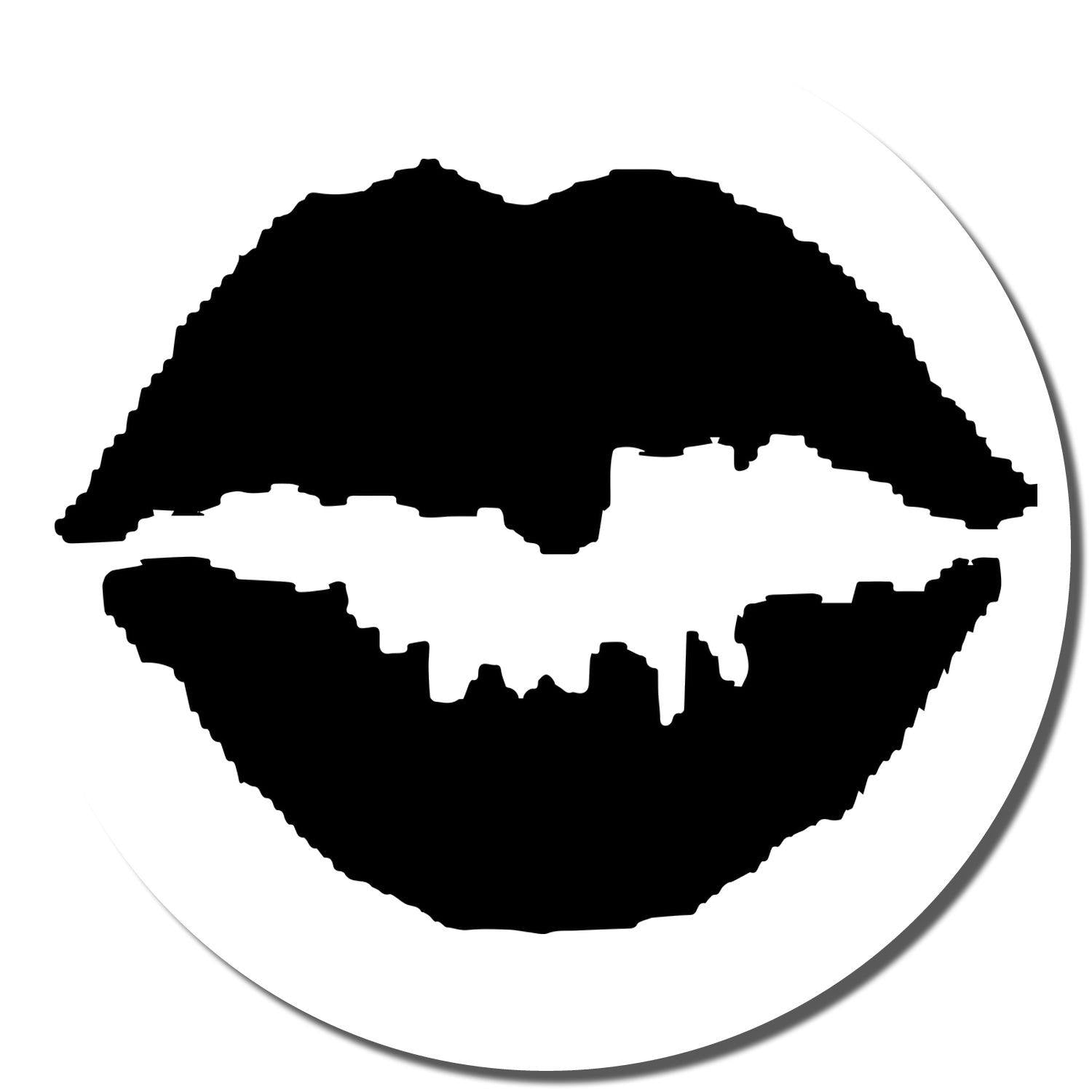 Round Kiss Rubber Stamp showing a black imprint of lips on a white circular background.