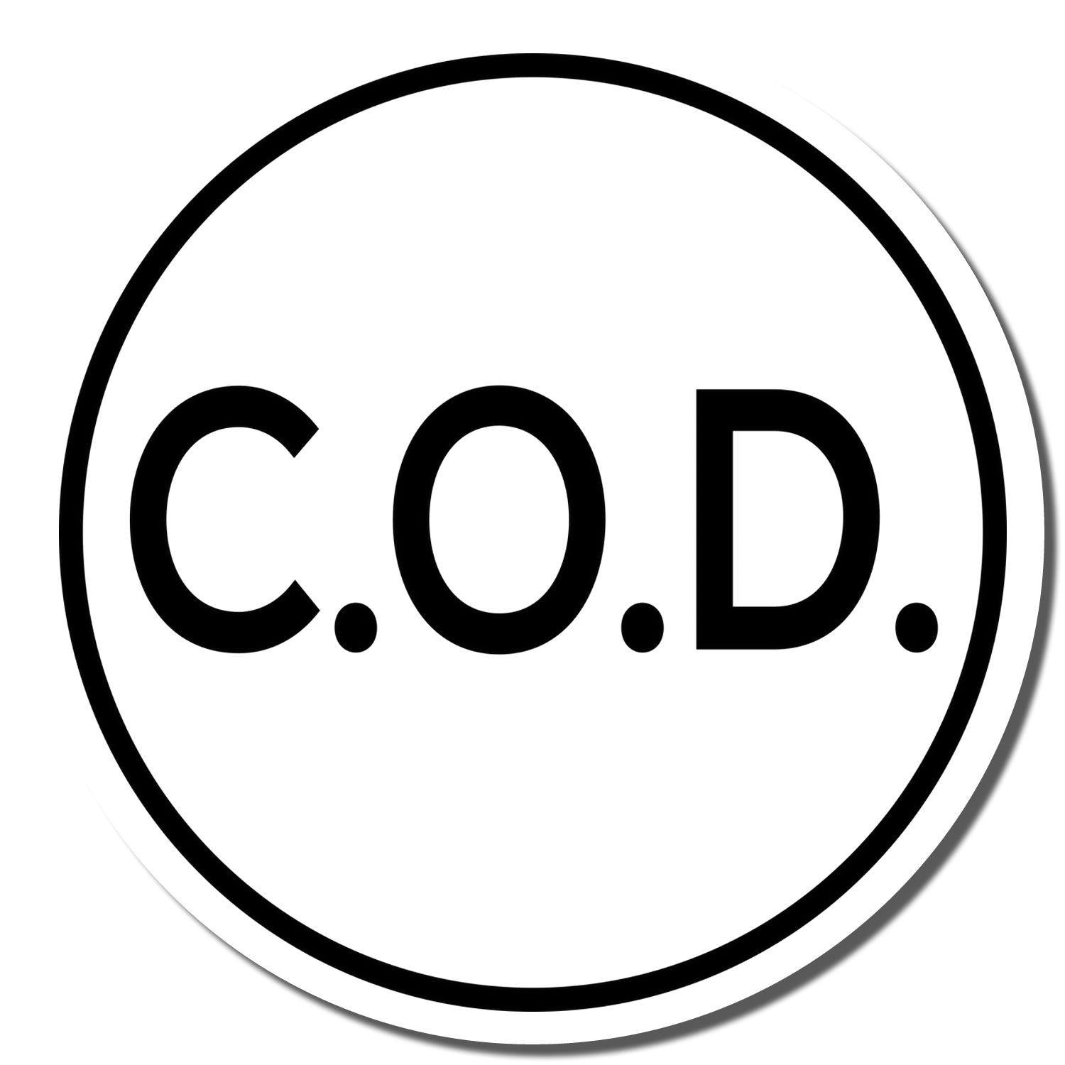 Round COD rubber stamp with bold black letters C.O.D. enclosed in a black circle on a white background.