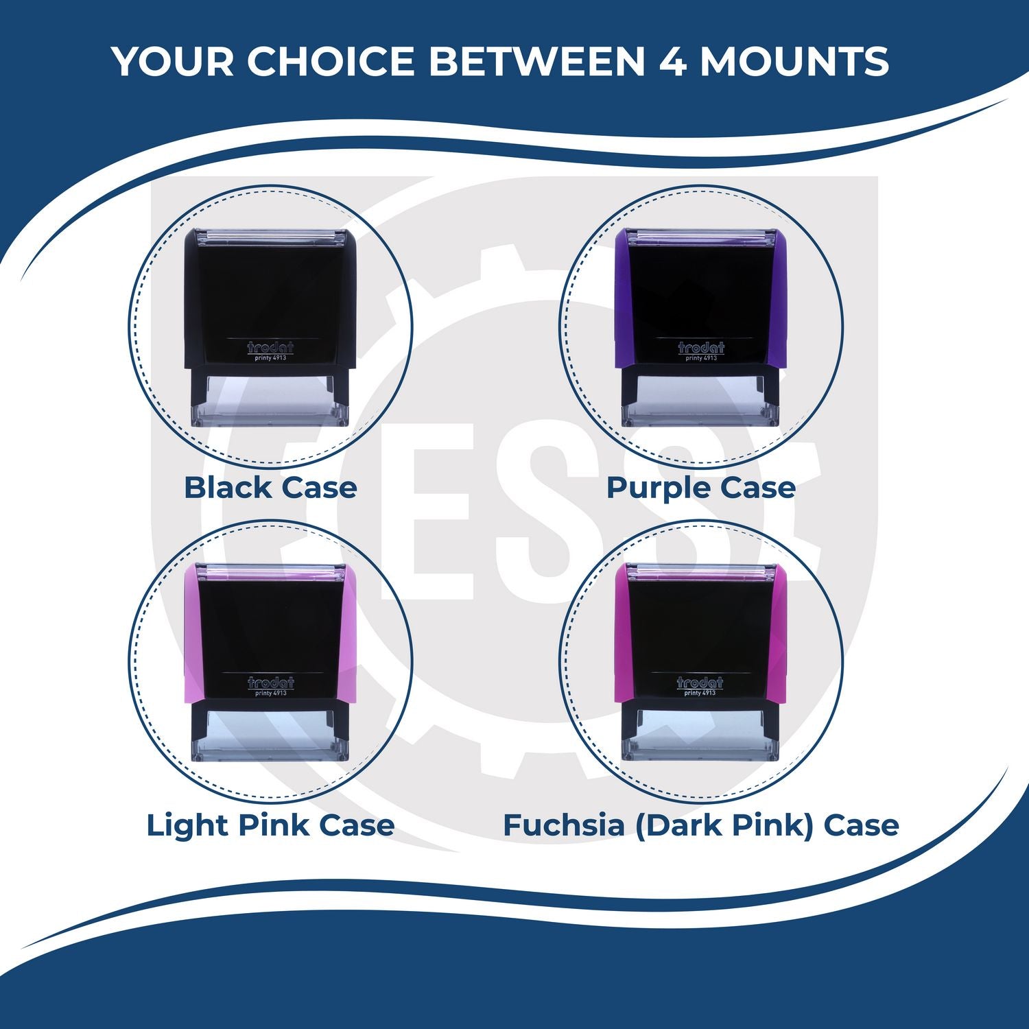 A picture of different colored mounts for the Self-Inking State Seal Delaware Notary Stamp featurning a Red, Blue or Black Mount