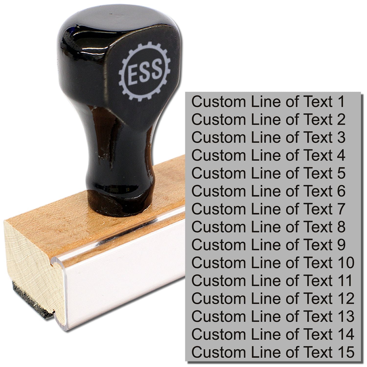 15-Line Custom Rubber Stamp with a stamped image on a card showing how any type of custom text can be shown using this stamp.